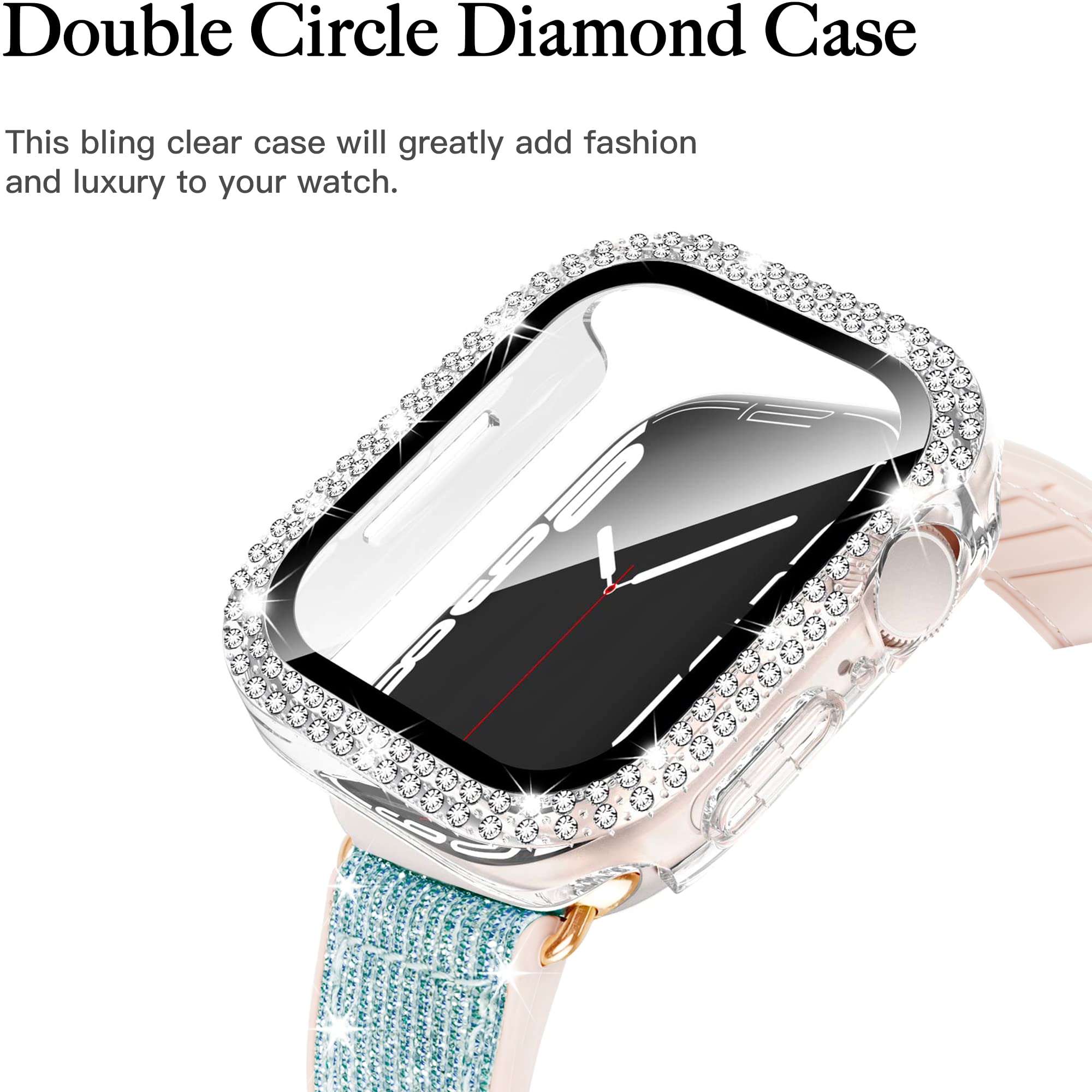 Sparkle Silicone Apple Watch Band Compatible with 40mm/44mm/41mm/45mm - iWatch Series 9/8/7/6/SE/5/4 - Shiny Glitter Leather Bracelet for Women - Elegant Sporty Cute Soft Strap for Workout, Party & Daily Wear