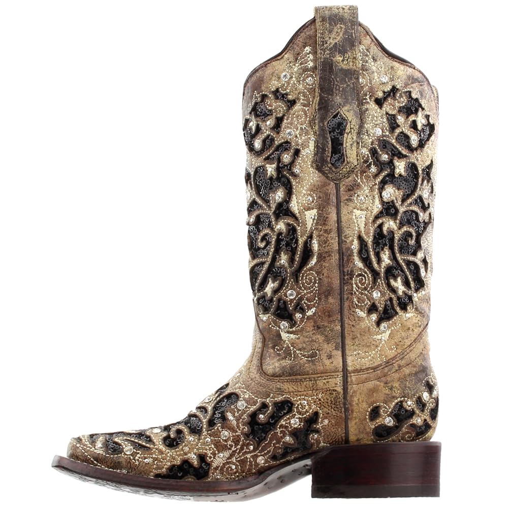 Women's Corral Boots - Sequined Tooled-Inlay Square Toe Dress Boots, Mid Calf with 1-2
