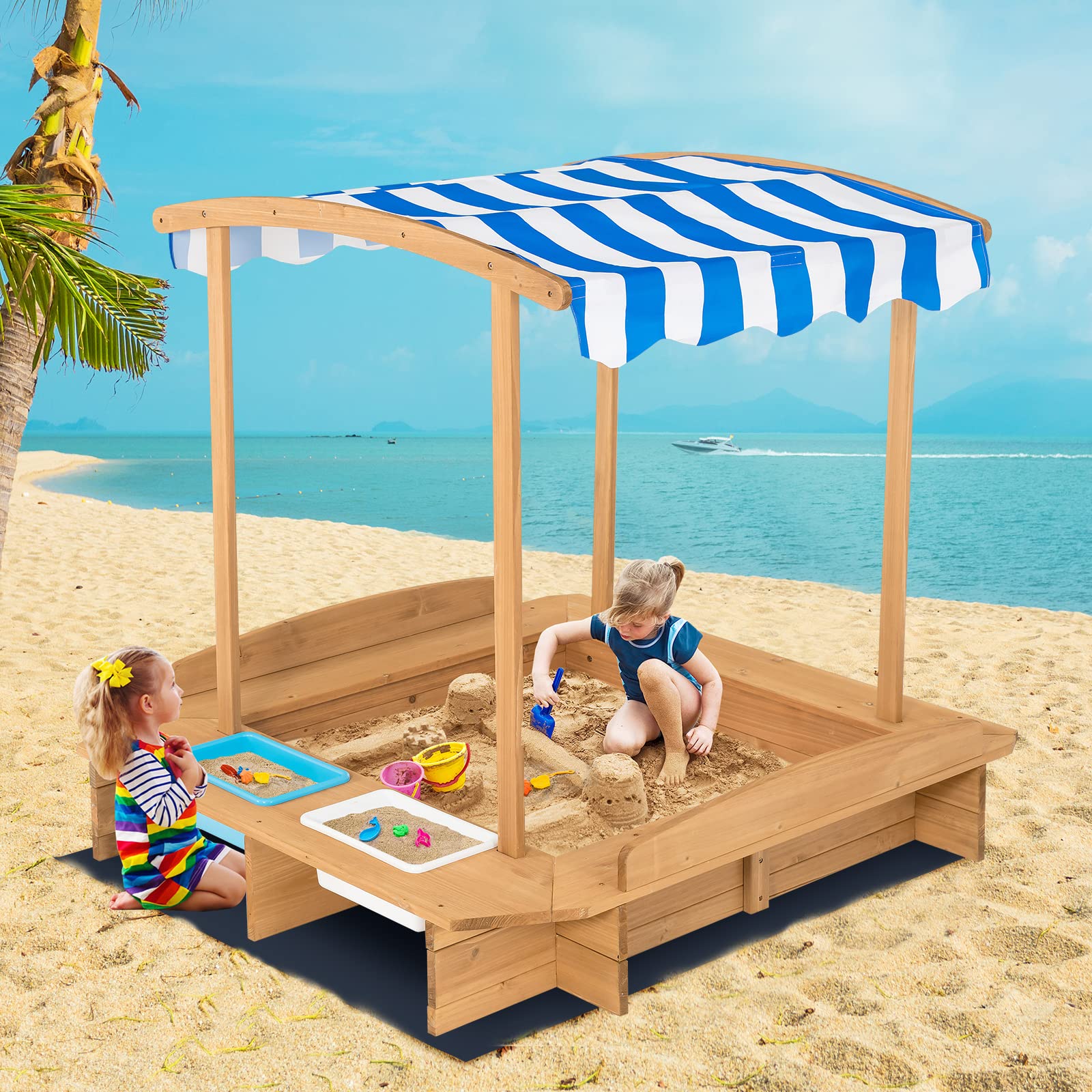 **HONEY JOY Kids Sandbox with Canopy - Outdoor Wooden Sand Pit with Liner, 2 Storage Bins & Built-in Benches - Square Backyard Sandbox for Toddlers & Children - Perfect for Playtime, Sensory Activities & Outdoor Fun**