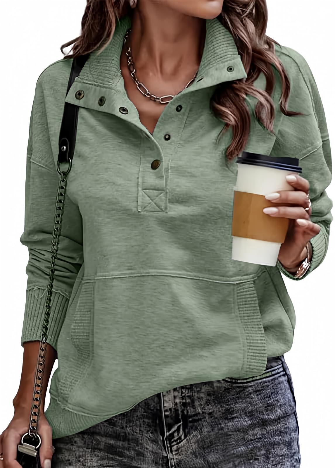 SHEWIN Women's Casual Long Sleeve Lightweight Button-Up Loose Pullover Sweatshirt Top - Comfortable Fall & Winter Fashion for Everyday Wear, Work, and Outdoor Activities