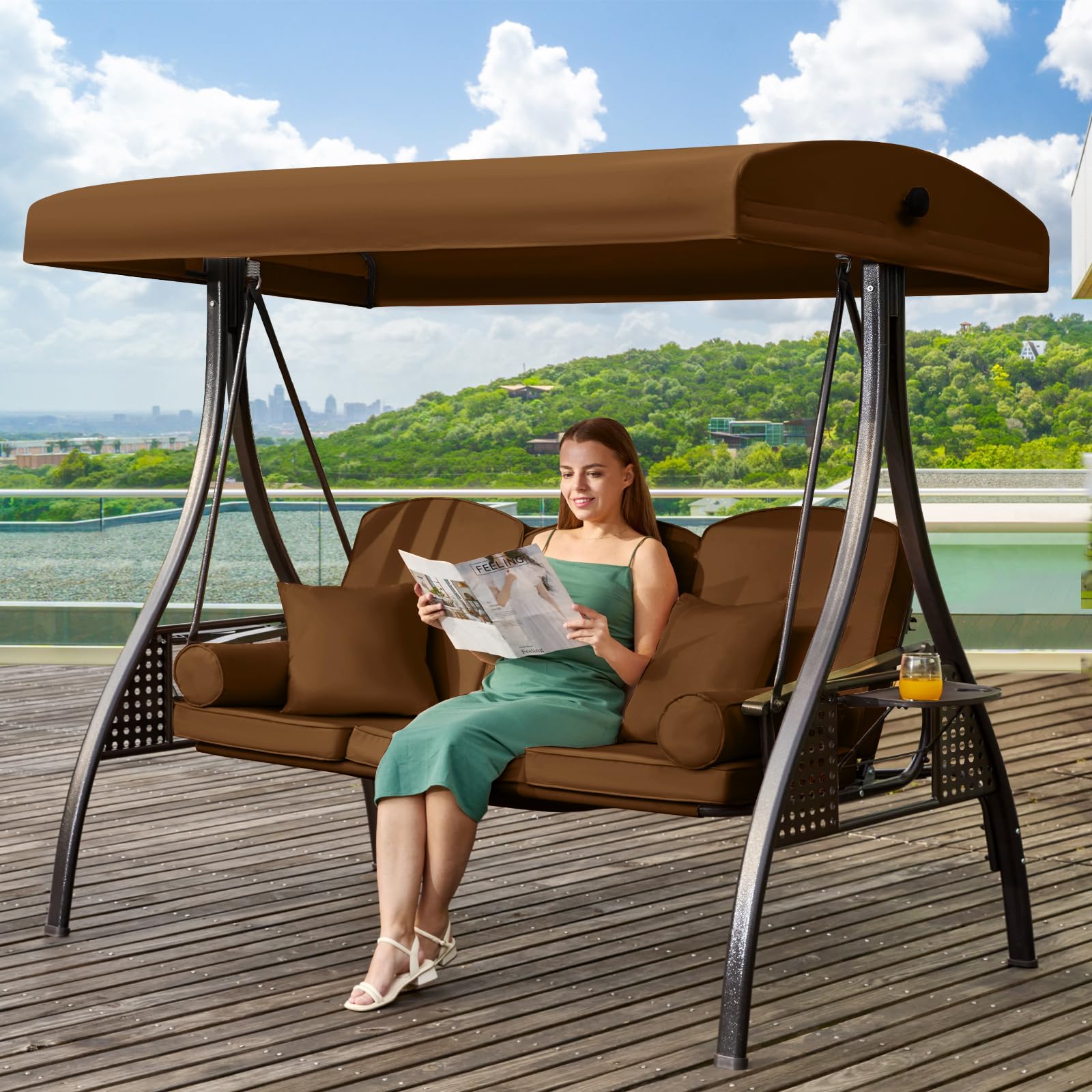 3 in 1 Outdoor Porch Swing with Adjustable Canopy - 3 Seat Patio Swing Chair for Adults with Thickened Cushions, Pillows & Cup Holders - Perfect for Backyard, Garden, Deck & Outdoor Relaxation (Brown)
