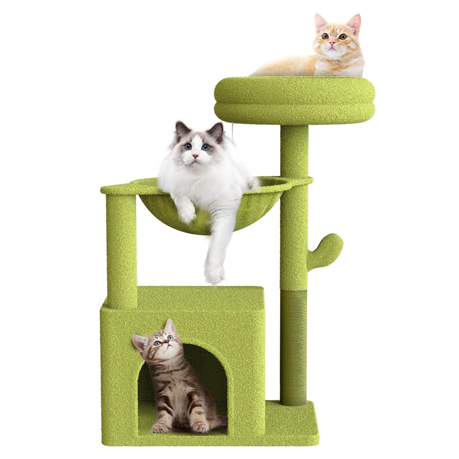 28 Inch Small Cat Tree with Hammocks & Scratching Post - Cactus Shaped Cat Condo Activity Center with Toys, Plush Perches & Fluffy Ball for Kittens (Light Green) - Perfect for Indoor Play & Climbing Fun