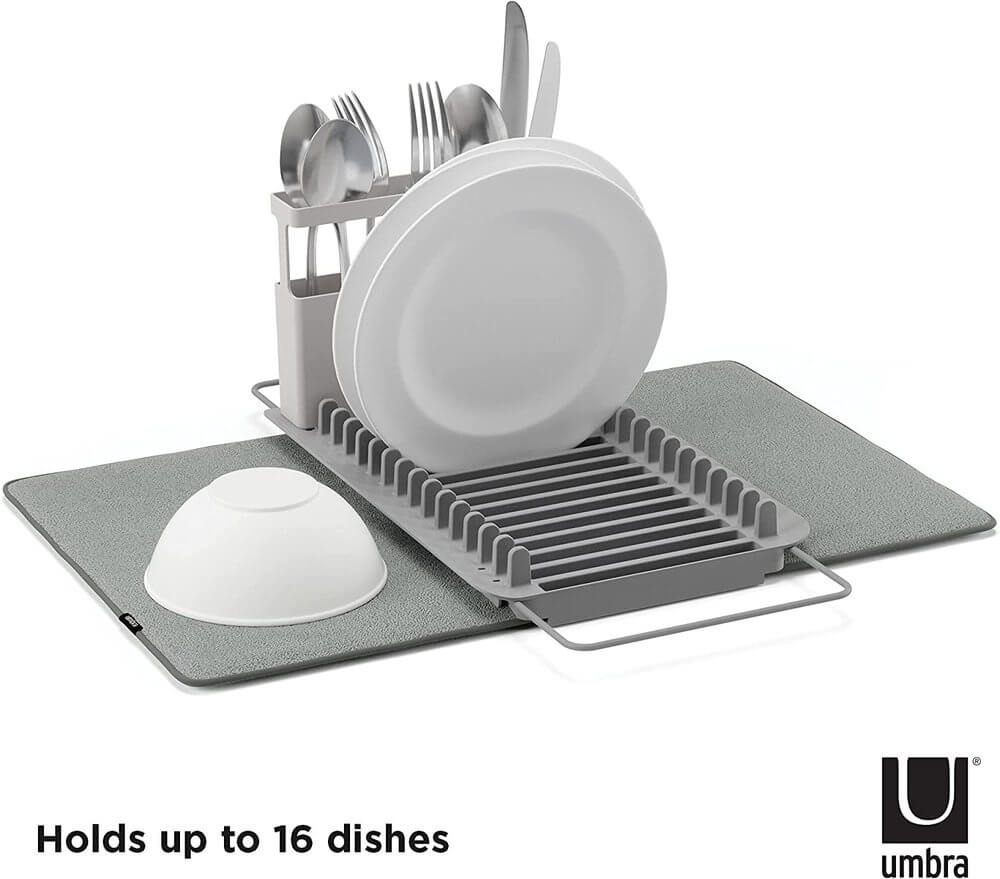 Umbra Udry Over Sink Dish Rack with Microfiber Drying Mat - Space Saving Kitchen Organizer for Small Spaces, Dish Drainer & Drying Rack for Countertop - Perfect for Apartments, RVs & Compact Kitchens (Grey)
