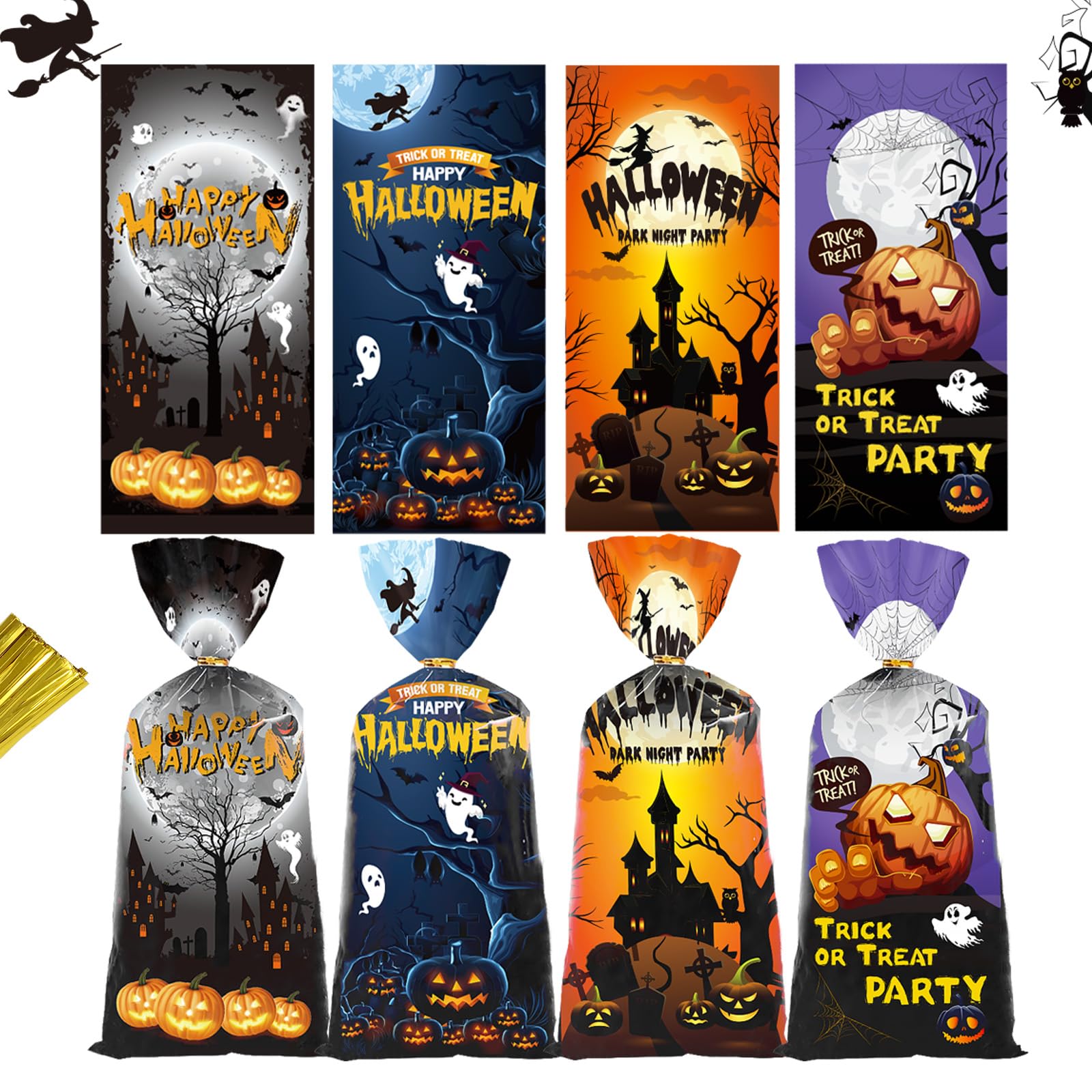 Artby7 Halloween Treat Bags - 50 Pack Scary Design Cellophane Goodie Bags for Trick or Treat, Party Favors & Candy Storage | Pumpkin, Witch & Ghost Themed | Perfect for Halloween Parties, Classroom Treats & Spooky Decorations