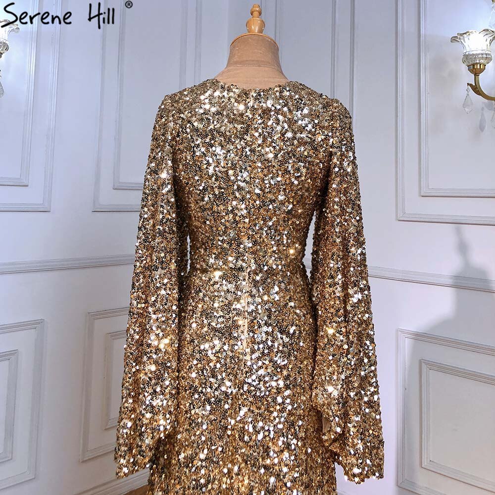 Luxury Serene Hill Gold A-Line High Split Evening Gown with Flare Sleeves - Elegant Women's Formal Dress for Wedding, Party & Special Occasions - LA71395
