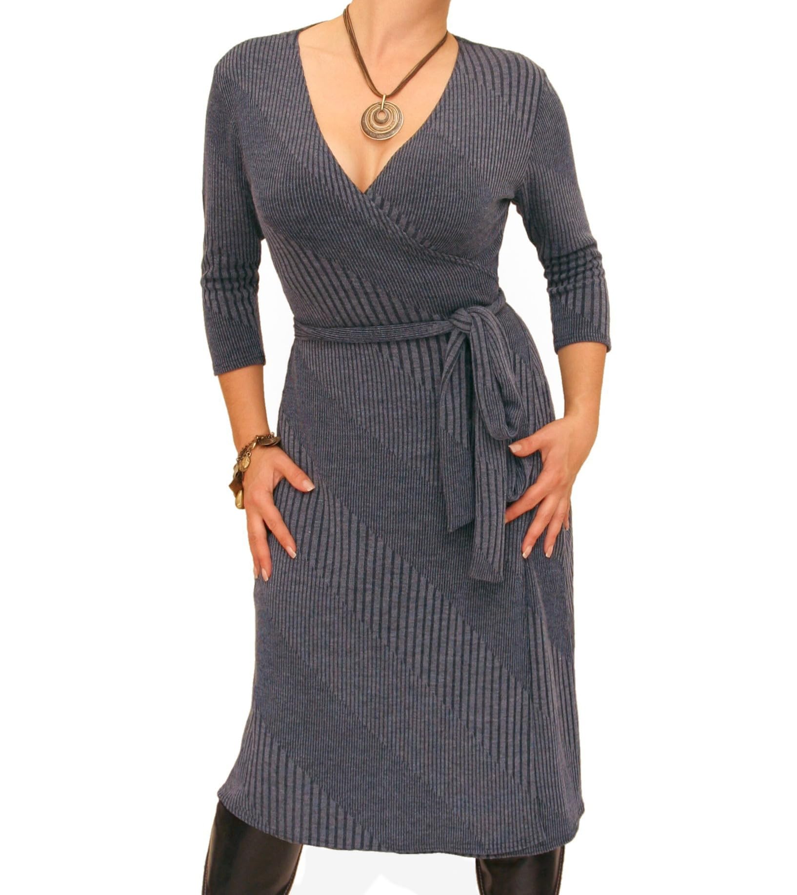 Blue Banana Women's Ribbed Knit Wrap Dress - 3/4 Sleeve Knee-Length Stretch Dress for Casual Wear, Office & Date Night | Summer & Fall Fashion