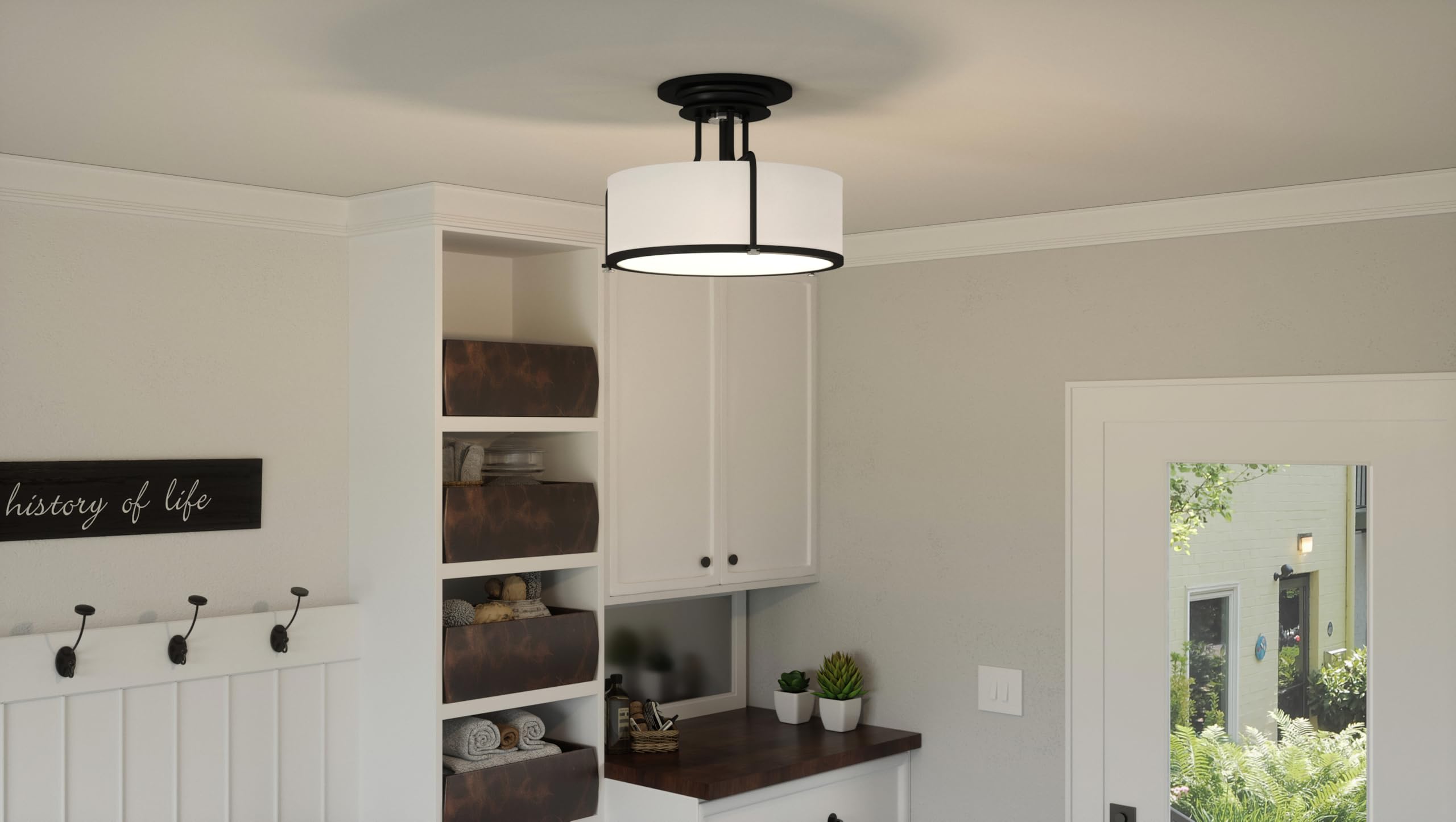 Quoizel Rigel 18 Inch 3-Light Semi-Flush Mount Ceiling Fixture - 100W Earth Black Hanging Light with Eggshell Fabric & Frosted Glass Shade for Hallway, Kitchen, Bedroom, Living Room or Office - Perfect for Modern Home Lighting and Interior Decor