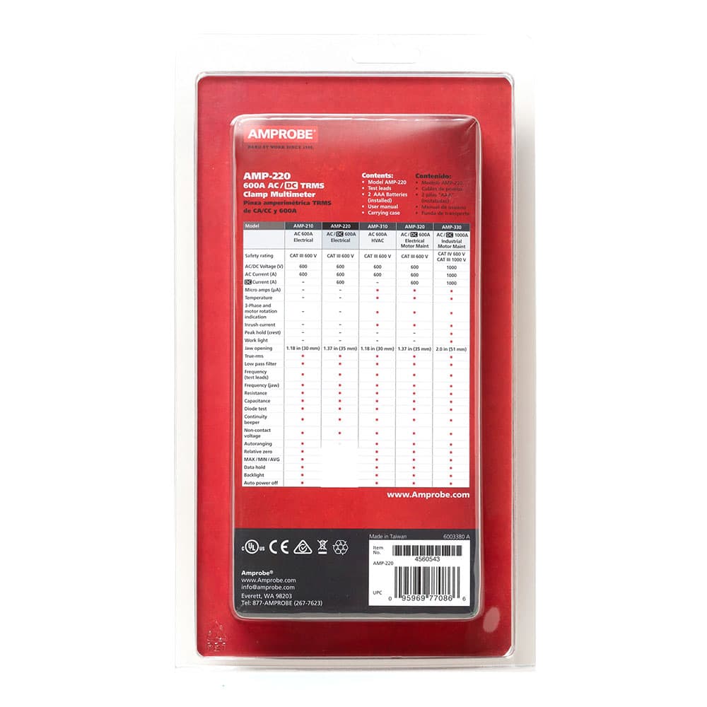 Amprobe 4560543 AMP 220 600V/600A TRMS AC/DC Clamp Multimeter with Amp Tip - CAT II Rated Electrical Tester for HVAC, Automotive & Industrial Use