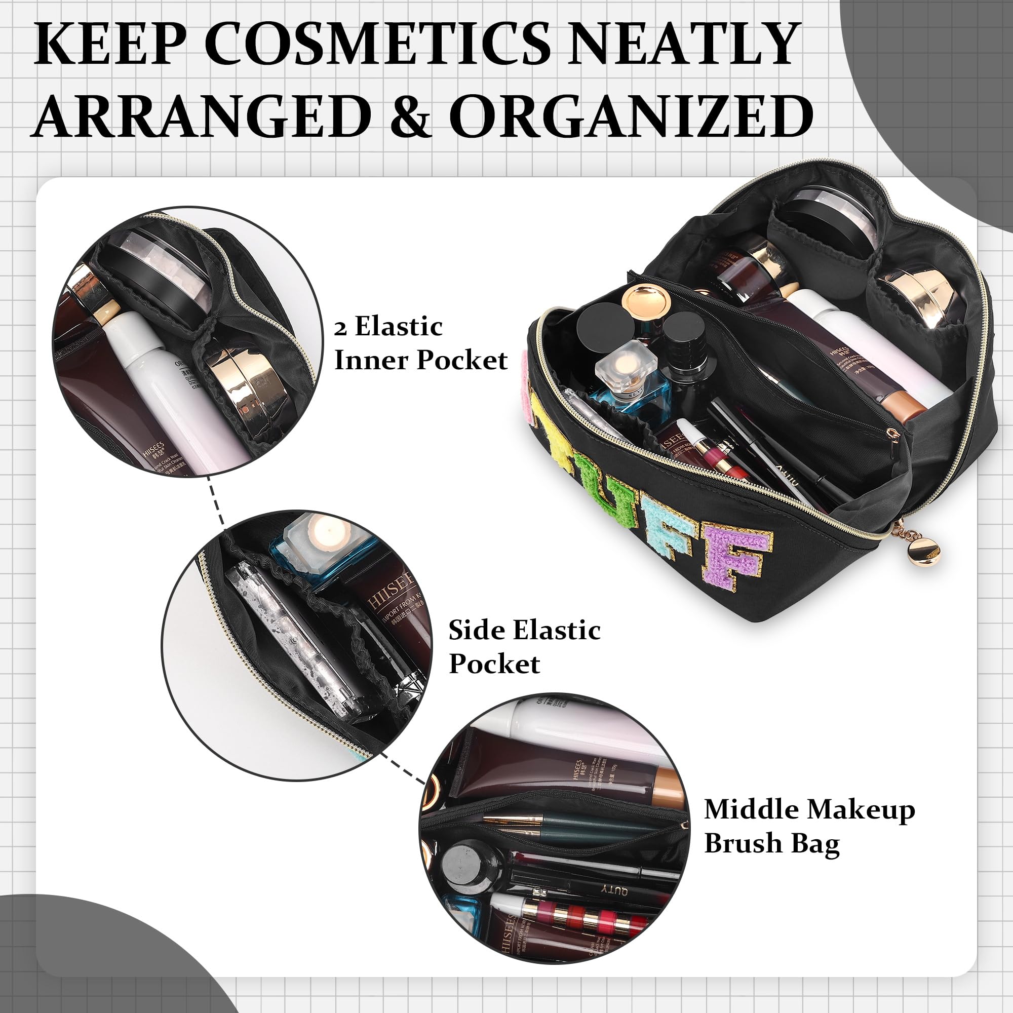 Stoney Clover Preppy Makeup Bag - Large Capacity Travel Cosmetic Organizer with Chenille Letters & Patch Design | Perfect for College, Gym, Vacation & Everyday Use (Black)