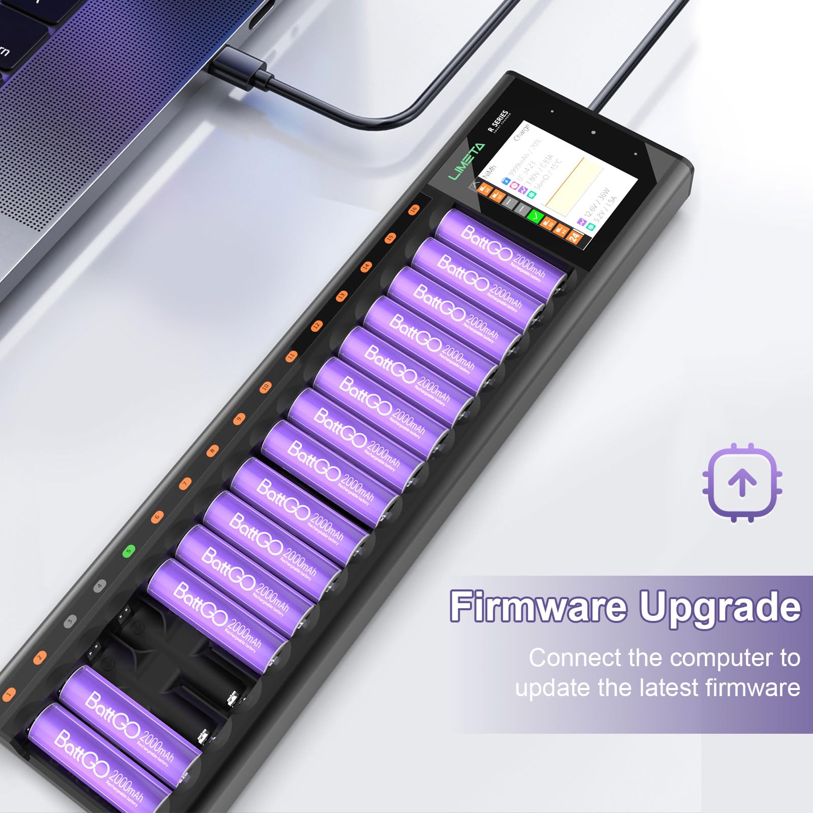 LIMETA 16 Bay AA AAA Battery Charger with LCD Display - Fast USB Charging, Discharge Function & Over-Charge Protection - Universal Charger for LiHv, Ni-MH, Ni-Cd, LiFePO4, Li-ion Rechargeable Batteries - Perfect for Home, Office, and Travel Use