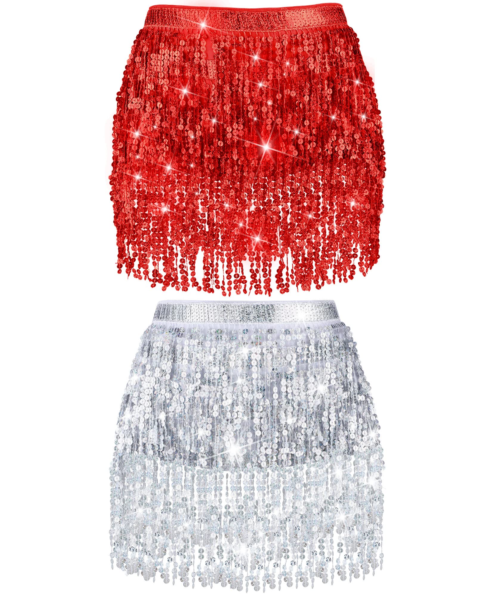 Syhood 2 Pcs Sequin Tassel Skirt Hip Scarf Belly Dance Belt Performance Skirt for Women and Girls - Halloween Cosplay, Dance Performances, Festivals, and Parties