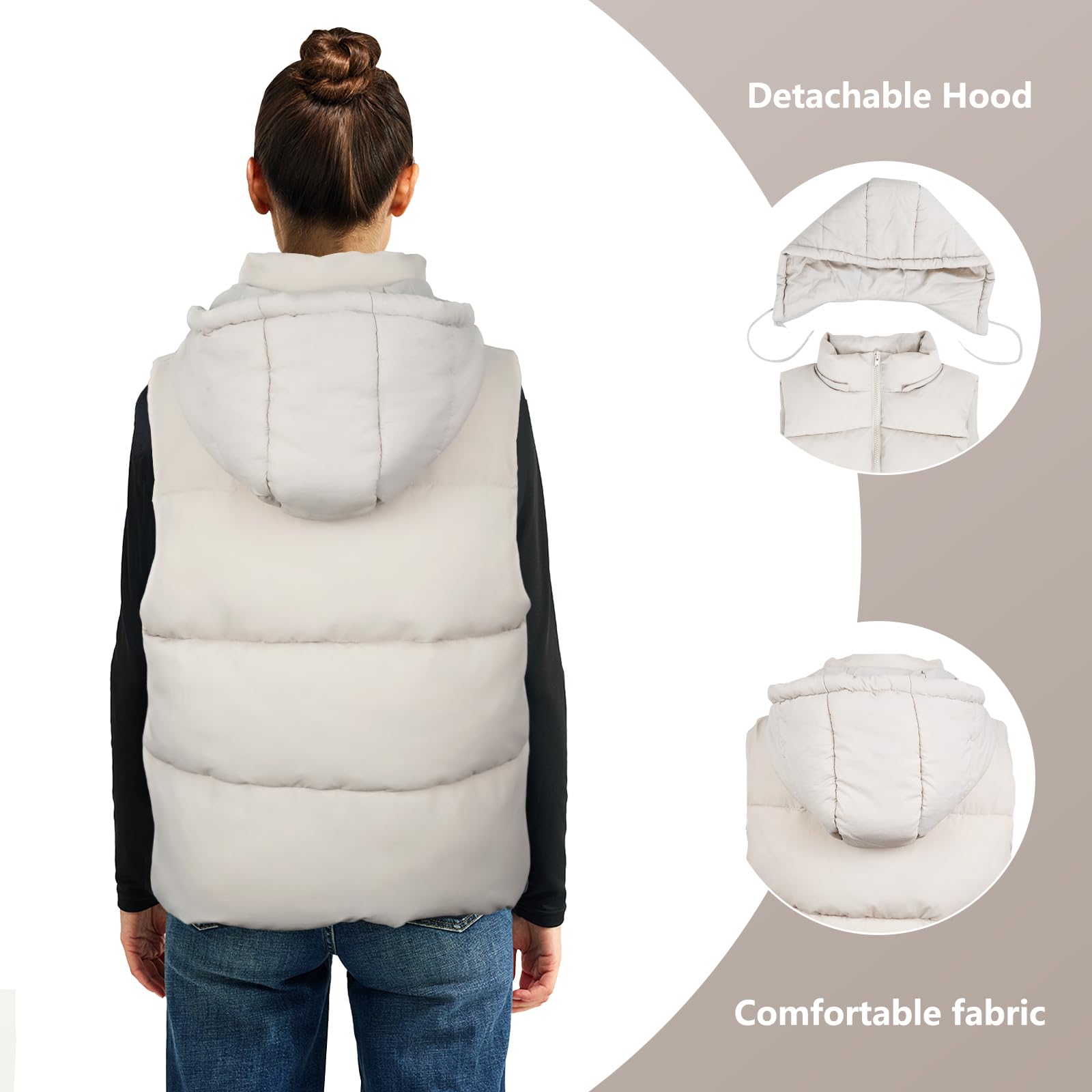 Women's Lightweight Puffer Vest with Zippered Pockets & Detachable Hood - Winter Warm Fleece Lined Jacket for Outdoor Hiking, Camping & Casual Wear
