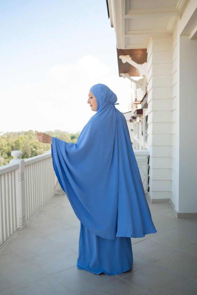 Blue Calinia Prayer Gown Two Piece Set Khimar for Omrah - Islamic Modest Dress for Women, Hajj & Umrah Prayer Outfit - Perfect for Mosque, Religious Ceremonies & Daily Worship