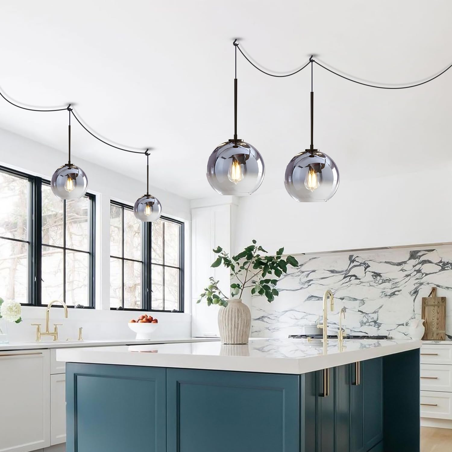 KCO Lighting Plug-in Hanging Light Fixture - Mercury Glass Pendant Lights for Kitchen Island, Dining Room & Bedroom - Mid Century Modern Black Globe Pendant Lamp with Plug-in Design | Perfect for Home Decor, Restaurant Lighting & Office Spaces