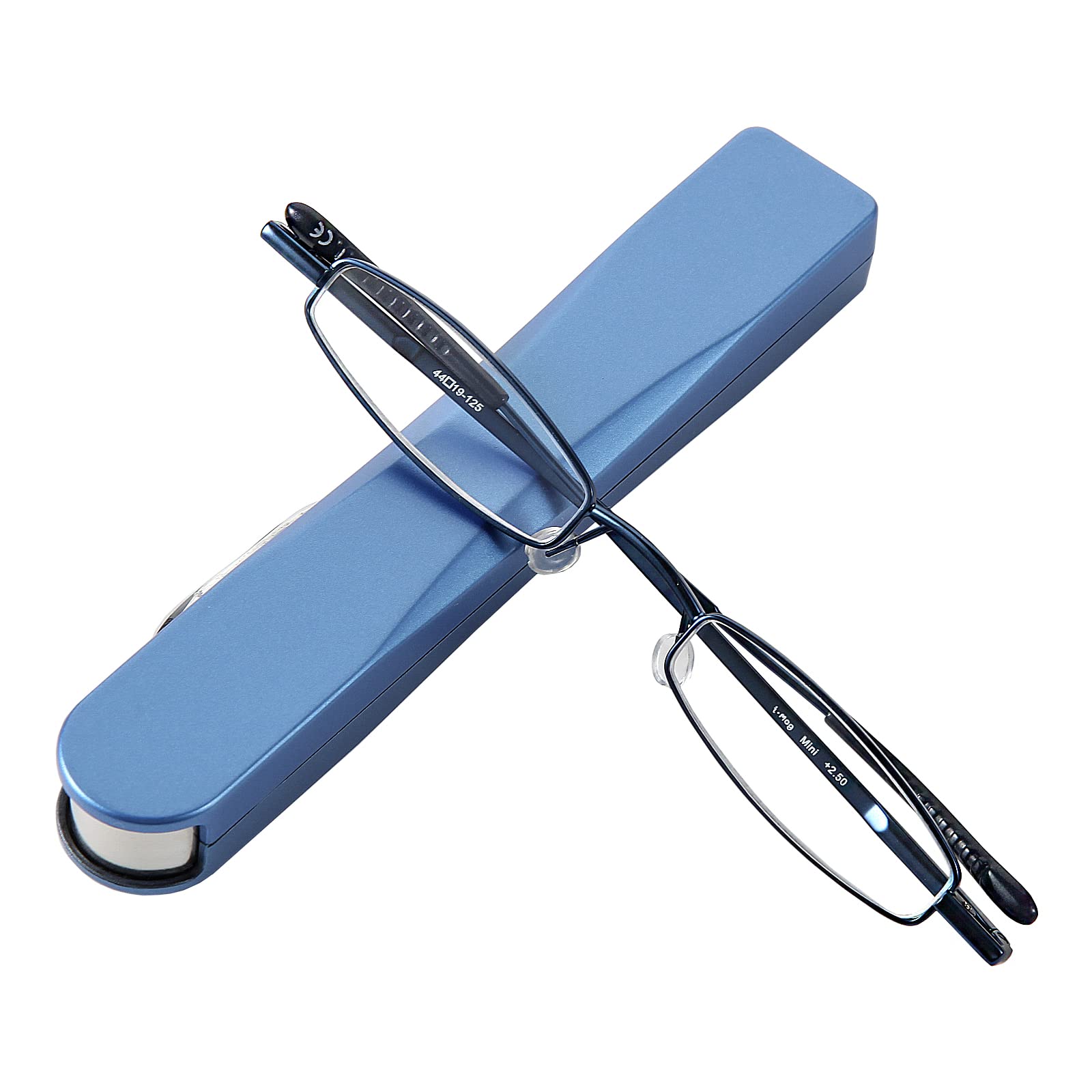 I-Mag Mini Slim Metal Spring Hinge Reading Glasses 2.00 Strength - Blue Lightweight Eyewear with Slide Open Hard Case | Perfect for Reading, Computer Use & Travel Accessories