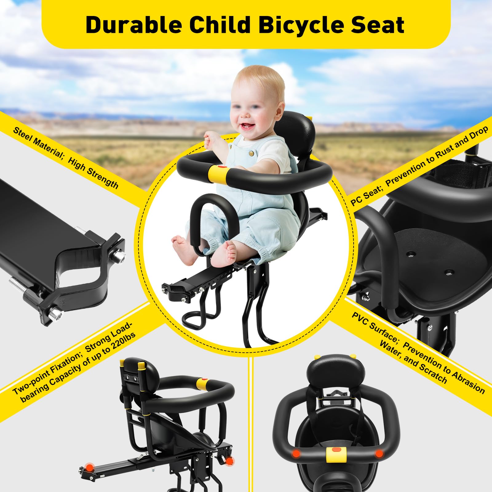 **Adjustable Front Mount Kids Bike Seat - Portable & Safe Toddler Bicycle Seat for Ages 8 Months to 6 Years - Fits Adult, Mountain & Electric Bikes - Perfect for Family Rides, Commuting & Outdoor Adventures**