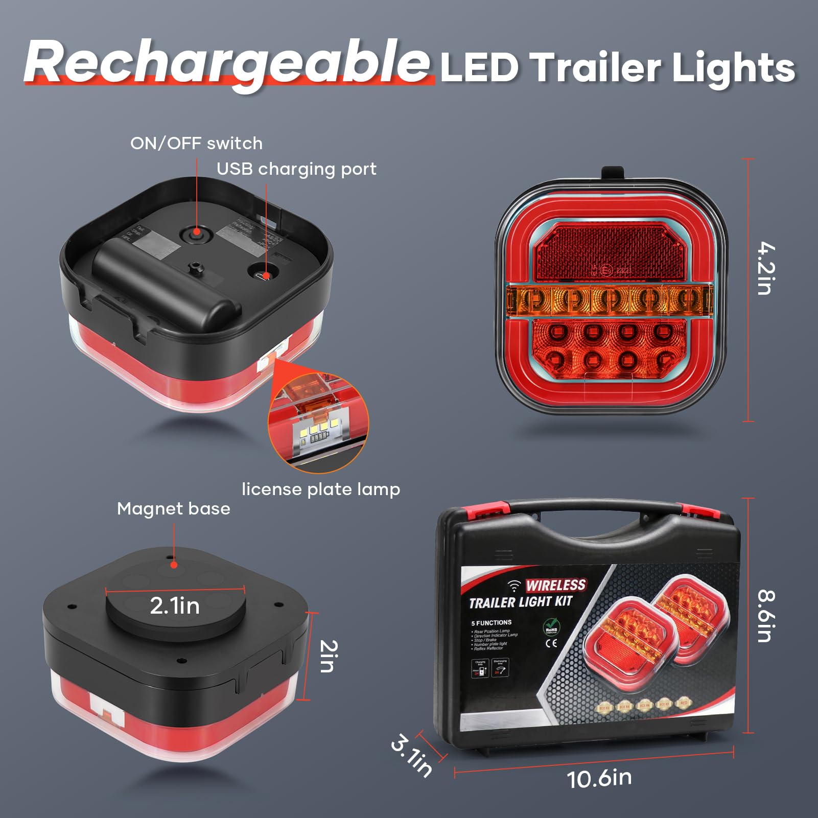Rechargeable Wireless LED Trailer Lights Kit - Magnetic & Screw Mount, Waterproof for Tow Trucks, Boats, RVs, Campers & Jet Skis (4-Way Connector) | Perfect for Night Towing, Marine Use & Off-Road Adventures