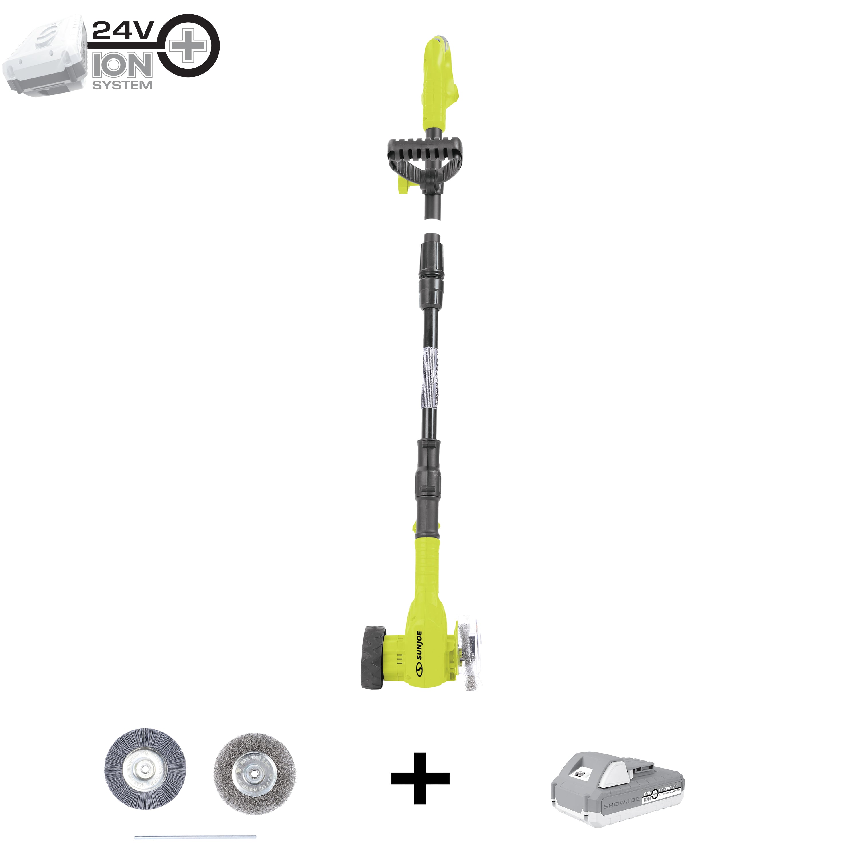 Sun Joe 24V CTC LTE Cordless Weed Sweeper with Nylon Brush & Steel Wire Brush | Adjustable Pole & Wheeled Head | Includes 2.0Ah Battery & Charger | Perfect for Lawn Care, Garden Maintenance & Yard Cleanup
