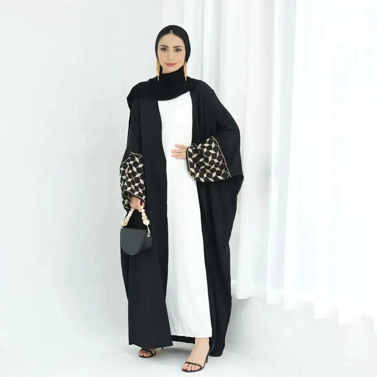 Elegant Embroidered Keffiyeh Sleeve Wrinkle Cardigan Open Abaya Dress for Women - Boho Chic Loungewear & Modest Fashion Outfit