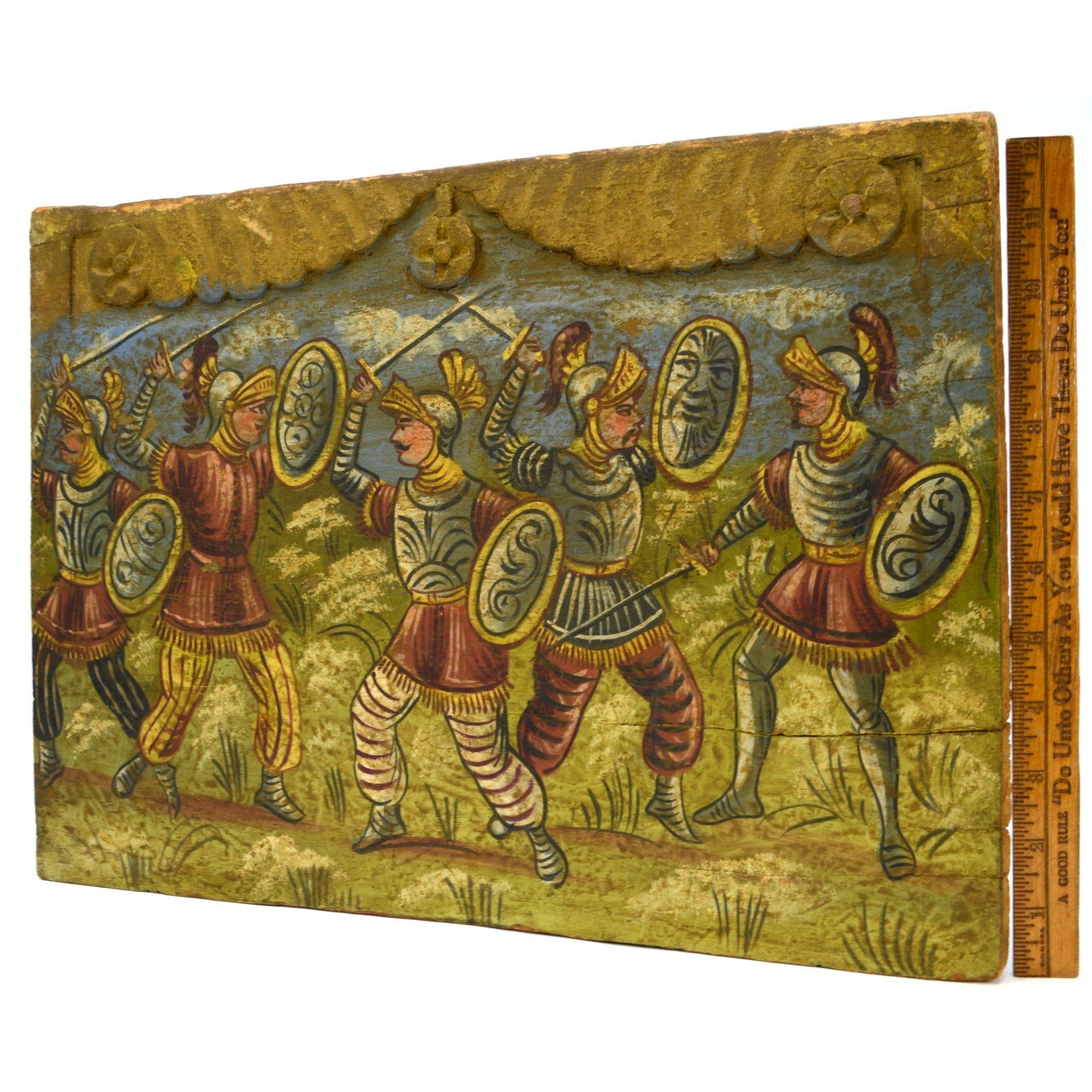Antique 19th Century Folk Art Painting on Carved Salvaged Wood - 17th Century Spanish Knights Wall Decor for Vintage Home & Castle Themed Interior Design