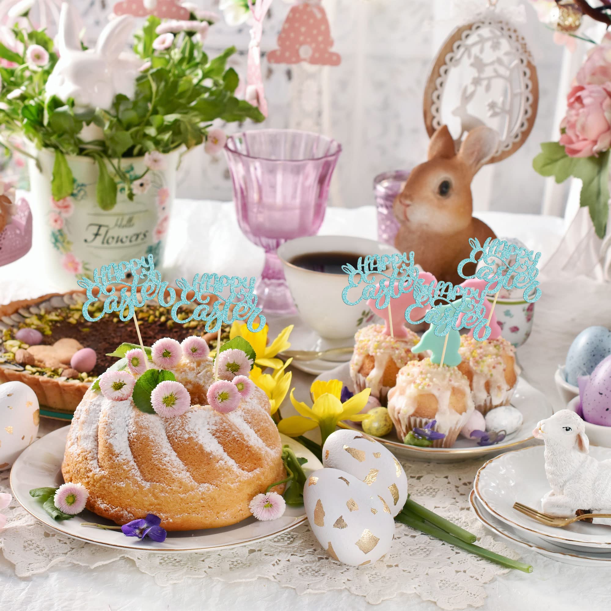 24Pcs Blue Glitter Easter Bunny Ear Cupcake Toppers - Happy Easter Decorations for Cupcakes, Baby Showers, Kids Birthday Parties & Spring Celebrations (Perfect for Easter Desserts, Holiday Baking & Festive Party Decor)