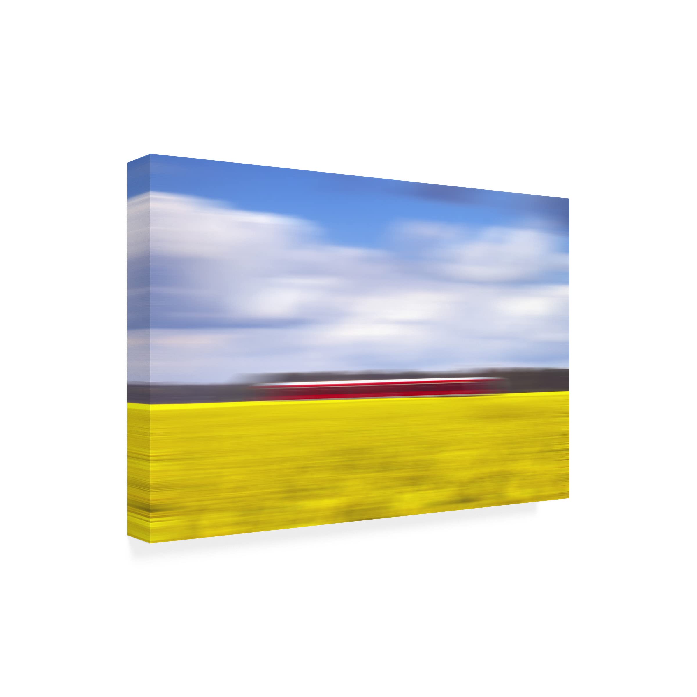 Trademark Fine Art 'Canola And The Red Train' Canvas Wall Art Print by Oliver Buchmann - Modern Landscape Painting for Living Room, Bedroom & Office Decor