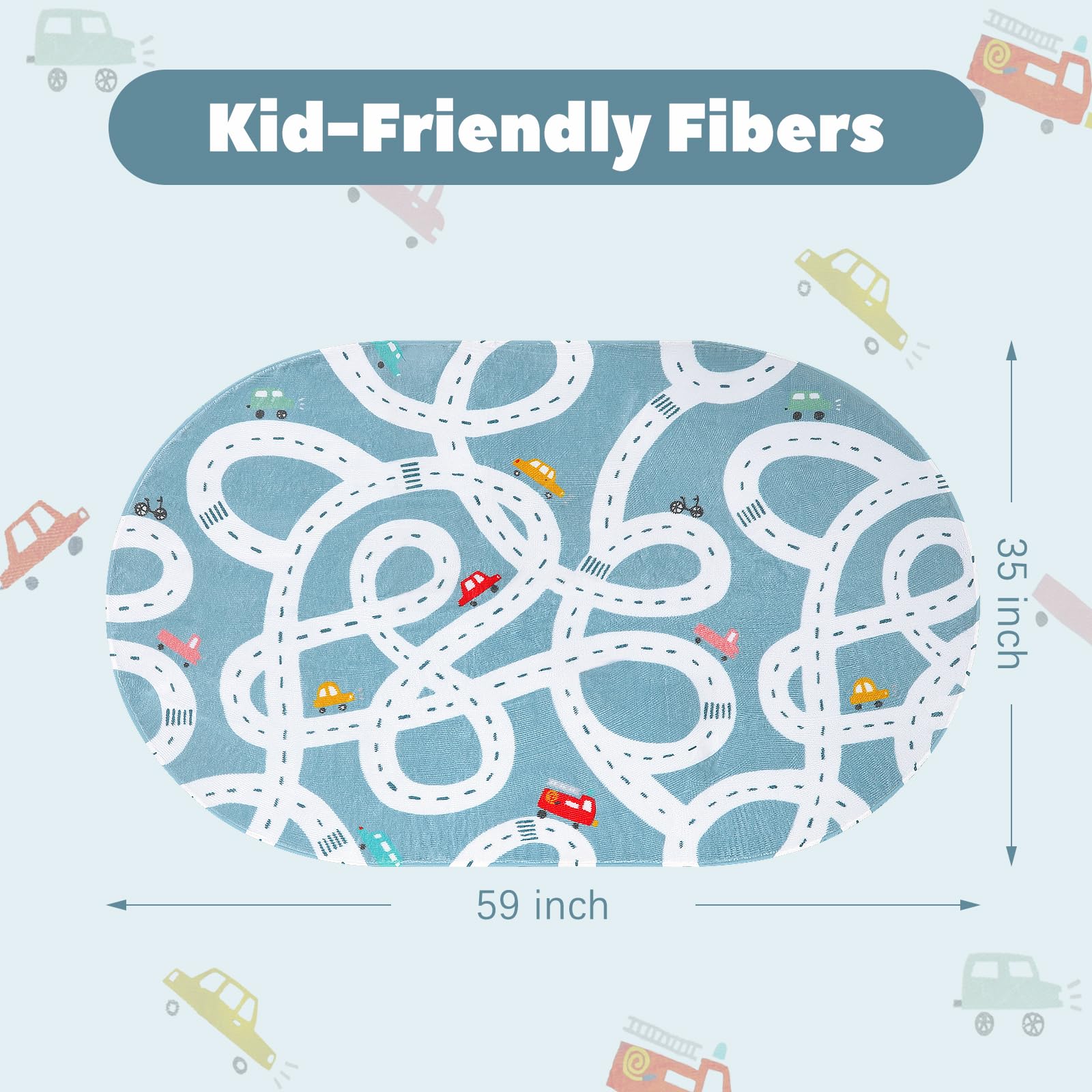 STARUIA Kids Play Rug 3'x5' Non-Slip Washable for Nursery & Playroom - Blue Traffic Carpet for Boys Girls Room & Tent Fun