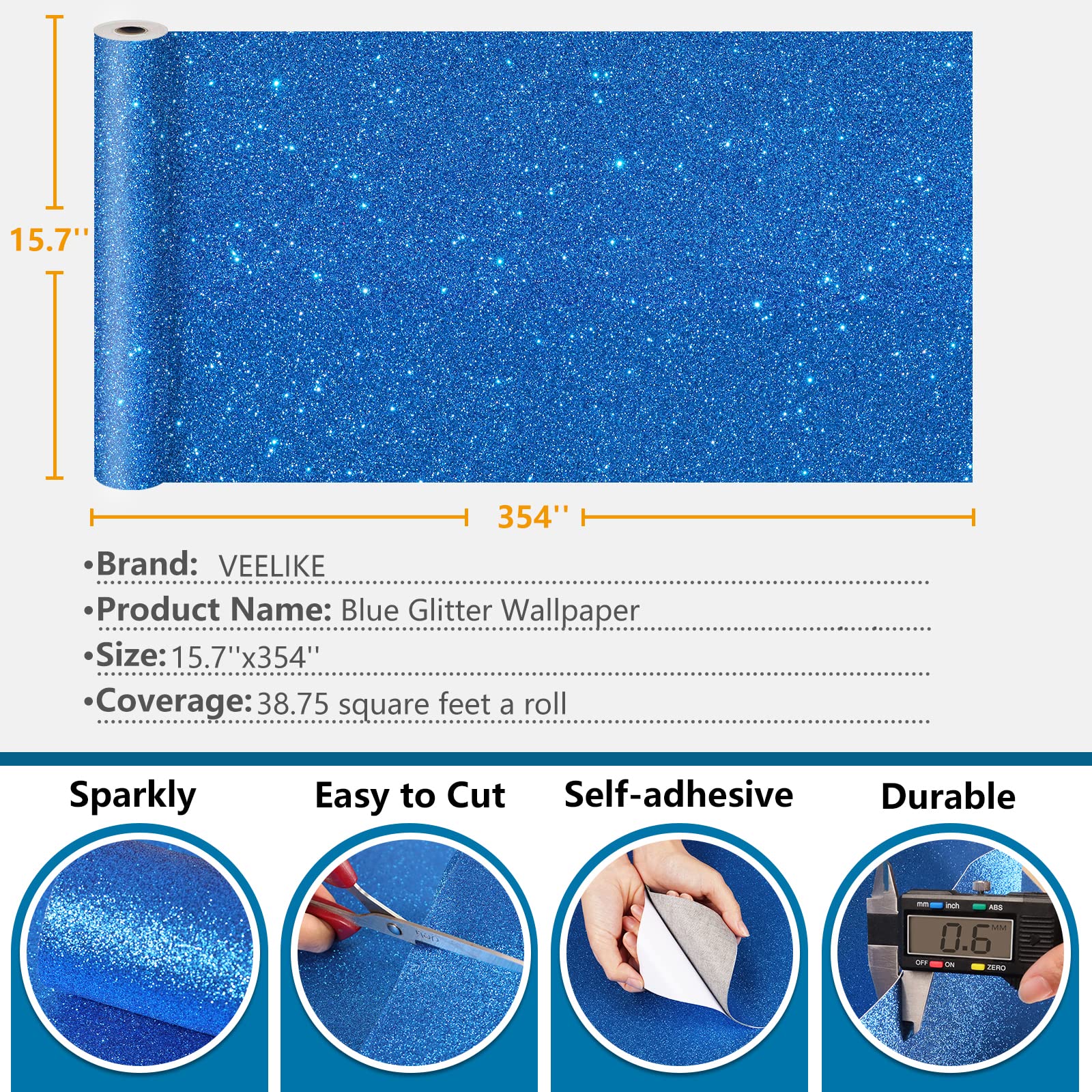 VEELIKE Blue Glitter Peel and Stick Wallpaper - 15.7''x354'' Self-Adhesive Removable Contact Paper for Bedroom Walls, Cabinets, Dressers & Tables - Sparkly Blue Glitter Fabric Roll for Home Decor, DIY Projects & Room Makeovers