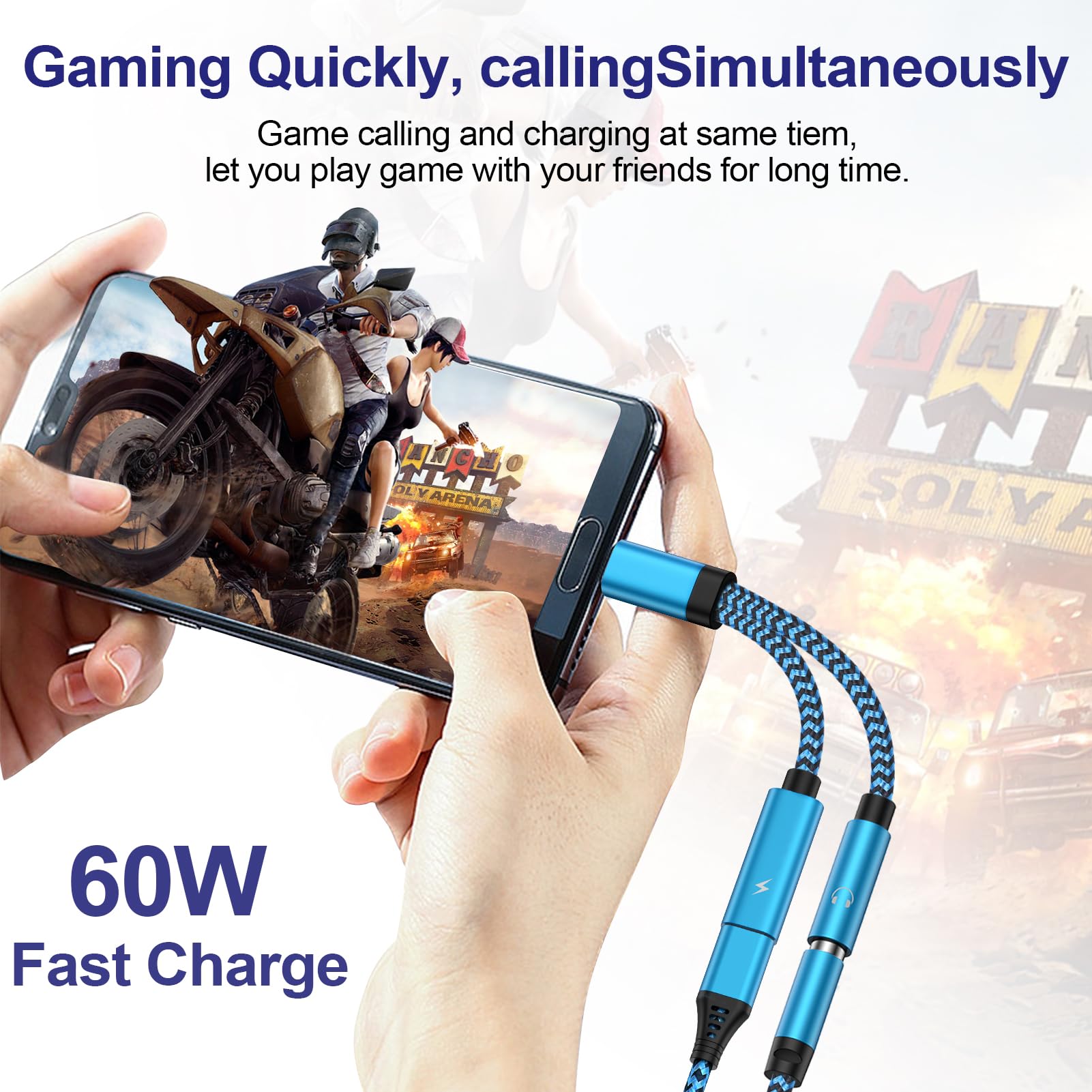 2 Pack USB C to 3.5mm Headphone Adapter with 60W Fast Charging Cable - Compatible with Samsung Galaxy S25 Ultra/S25+/S24/A16 5G/A35/A54/S23/S22/S21 FE/A53/S20 - 2-in-1 Type C Audio Dongle for Music, Gaming & Calls