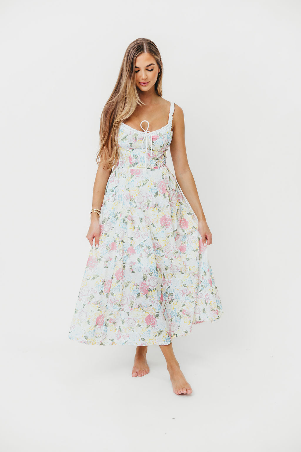 Pink Lady Floral Bustier Midi Sundress - Women's Summer Dress with Adjustable Straps & Side Pockets | Perfect for Beach Vacations, Garden Parties & Date Nights