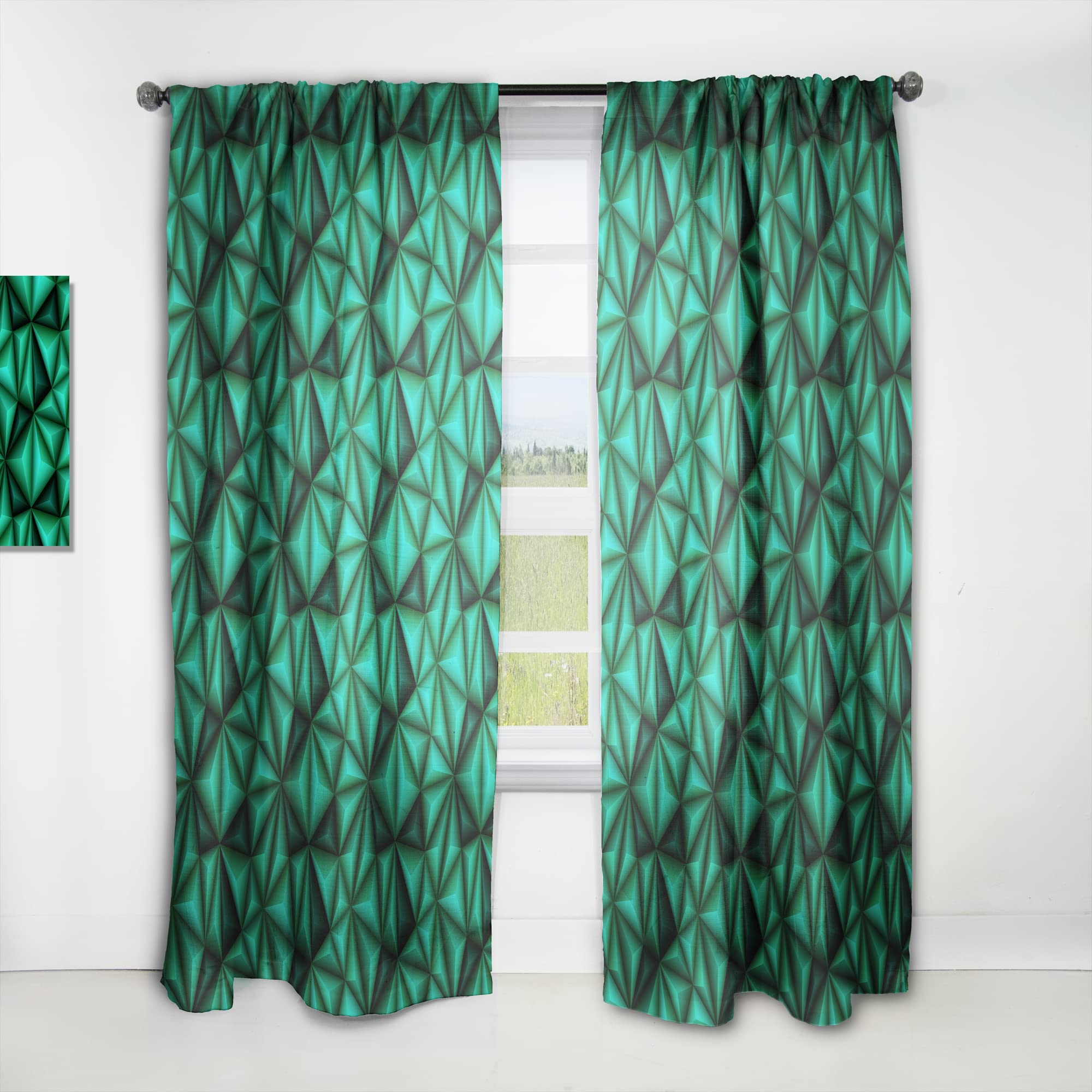 DesignQ Thermal Insulated Curtains - 'Relief Green Triangles' Pattern, Single Panel 52x84 Inches for Bedroom & Living Room - Energy Efficient Blackout Drapes for Home Decor & Privacy