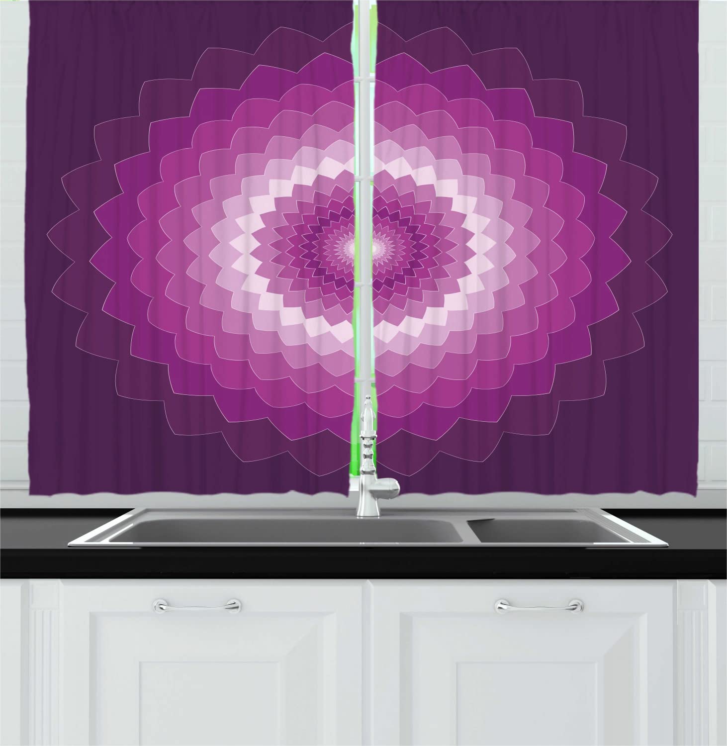 Ambesonne Purple Long Kitchen Curtains - Carnation Flower Optical Illusion Design, Vibrant Symmetric Print, 2 Panel Rod Pocket Drapes (55x45 Inches) - Perfect for Dining Room, Living Room & Bedroom Decor in Purple Magenta White
