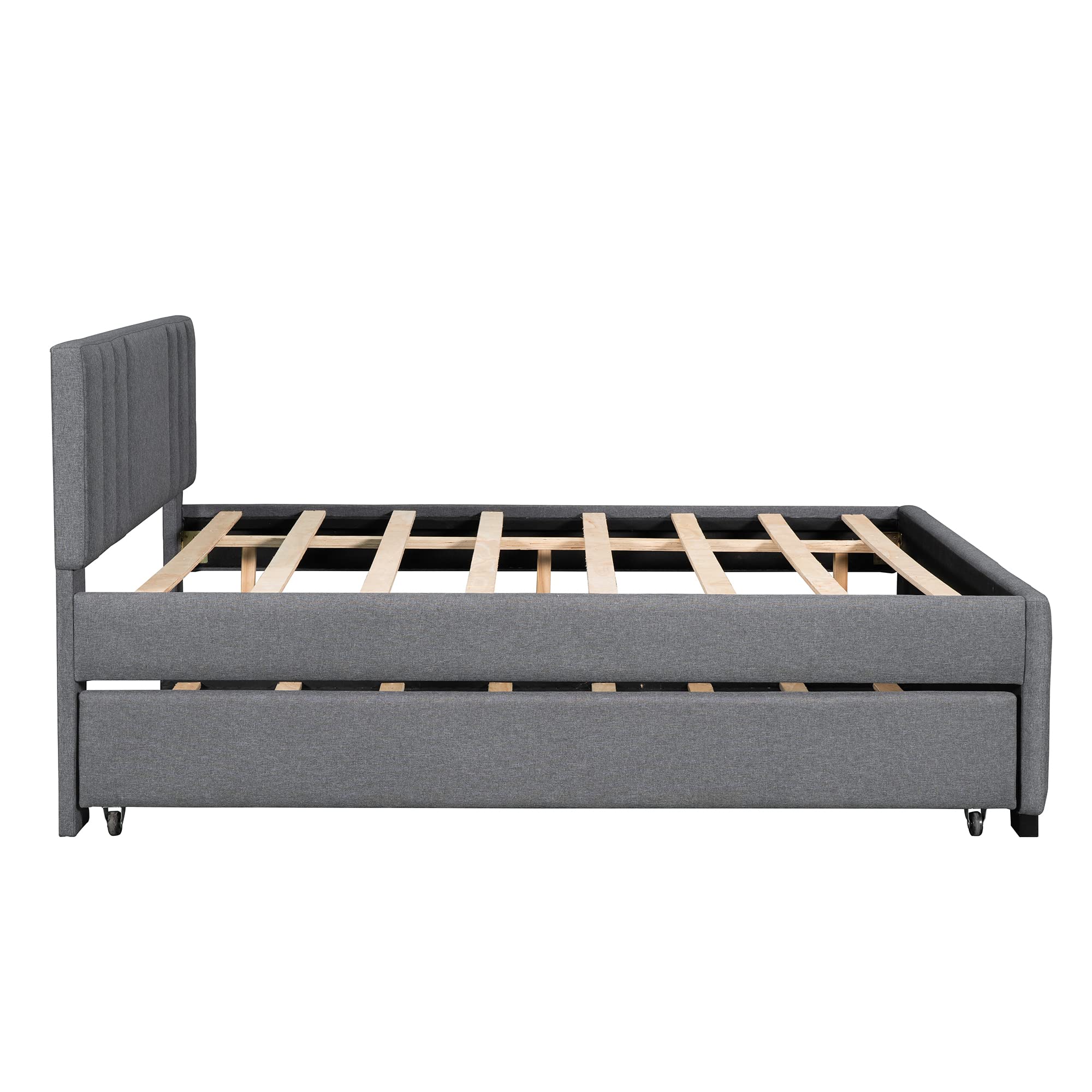 SOFTSEA Full Size Upholstered Platform Bed with Trundle - Tufted Headboard Twin Bed Frame, No Box Spring Required, Easy Assembly, Gray | Perfect for Guest Rooms, Kids' Bedrooms & Small Spaces