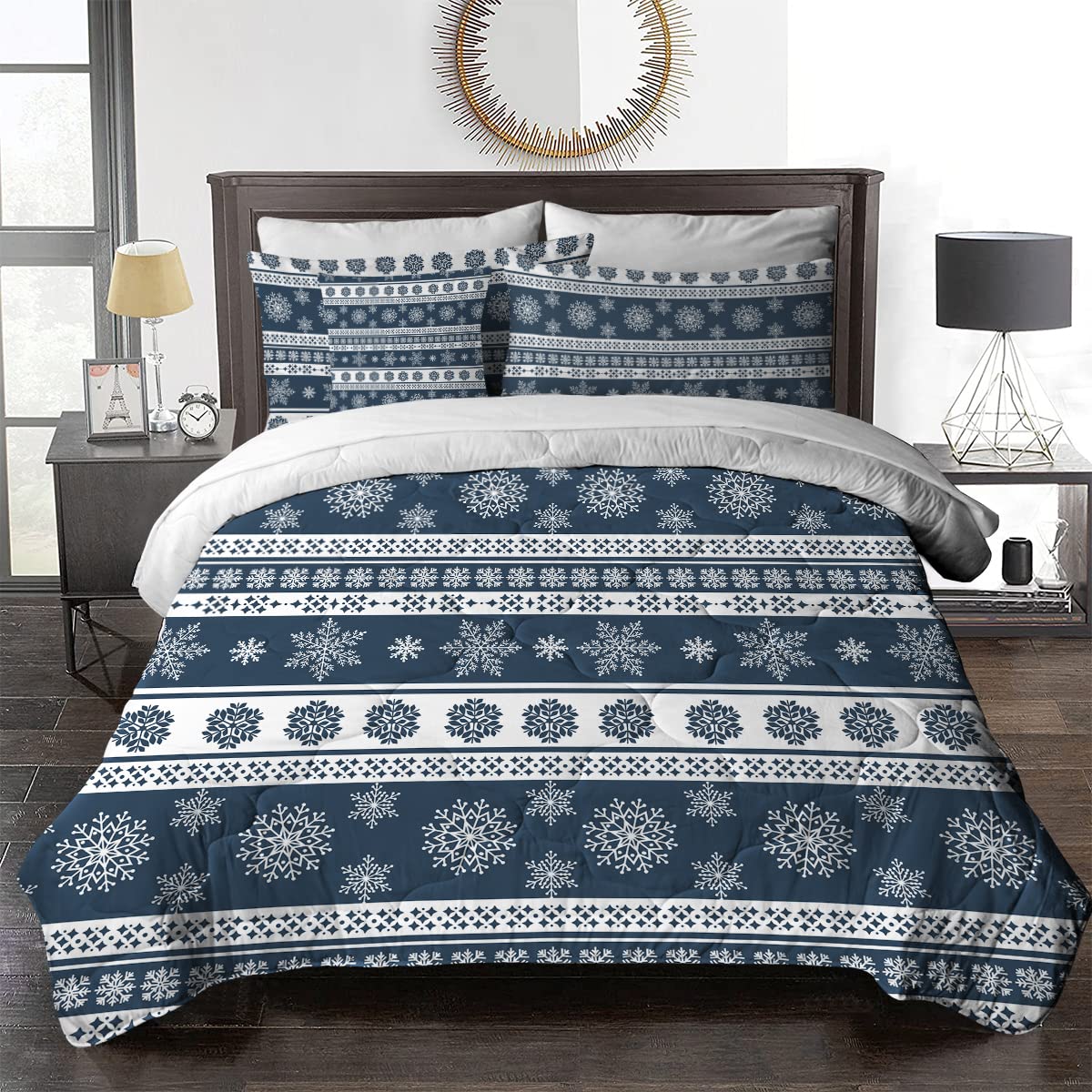 BlessLiving Snowflake Comforter Set - 8 Piece Bed in a Bag | Blue Christmas & New Year Bedding Collection | Lightweight Twin Size Comforter with Sheets, Pillowcases, Shams & Cushion Cover | Perfect for Holiday Decor & Guest Room Makeover
