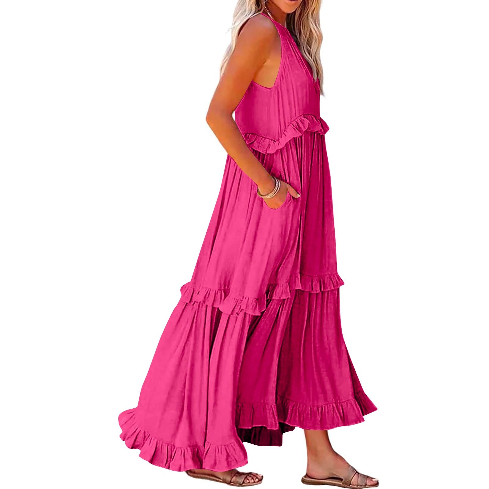 2024 Women's Summer Boho Halter Maxi Dress - Sleeveless Pleated Tiered Swing Dress for Wedding Guest, Beach Vacation & Casual Outings