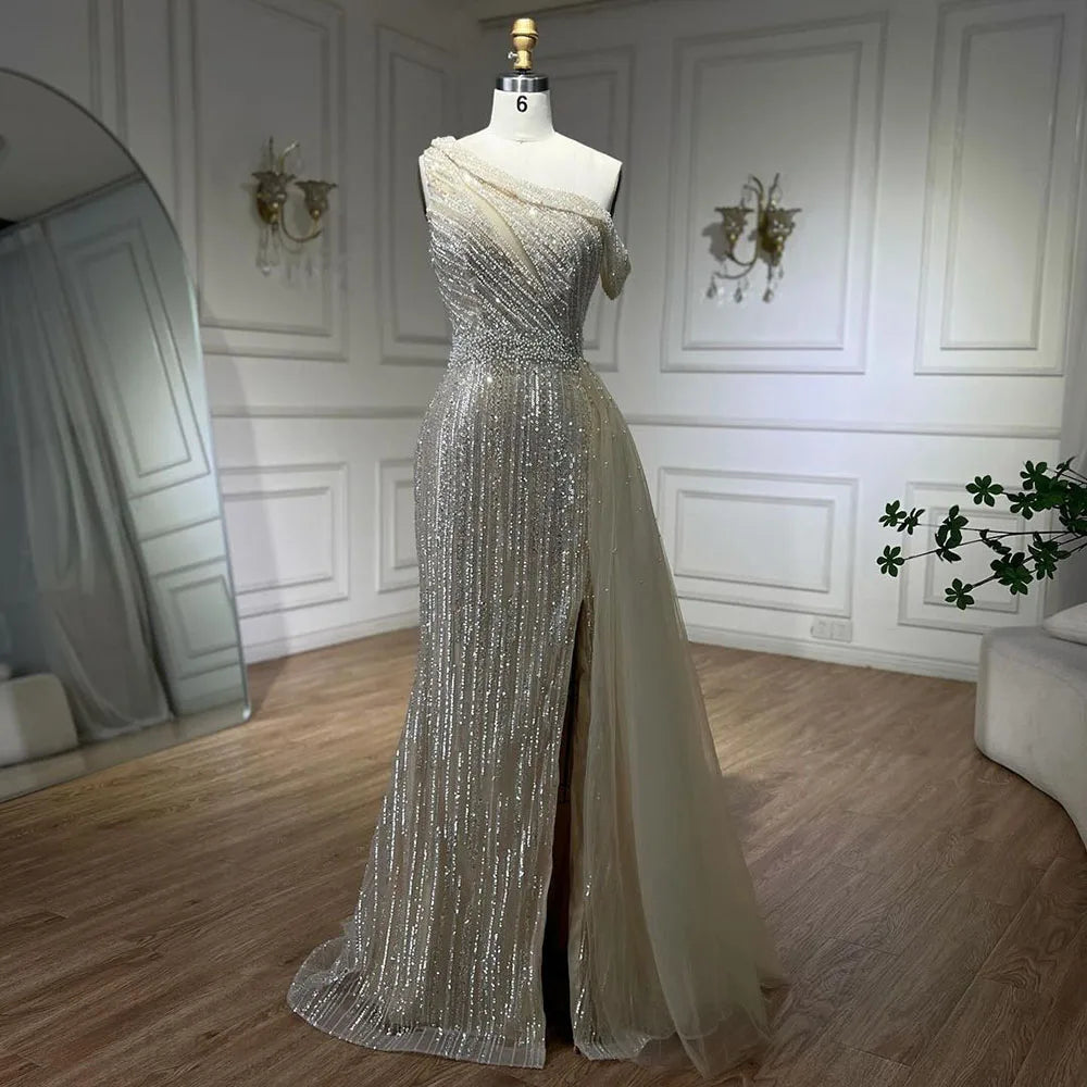 Serene Hill Yellow One Shoulder Black High Slit Mermaid Beaded Evening Dress for Women - Elegant Wedding Party Gown 2025 LA72424 | Perfect for Prom, Cocktail Party & Formal Events
