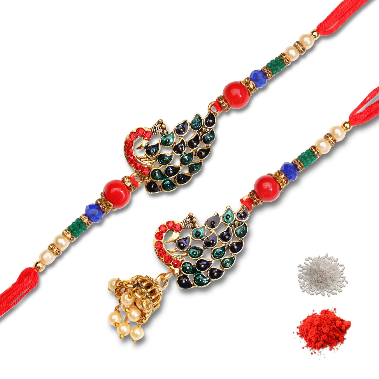 IndoTribe Lumba Rakhi Set for Brother & Bhabhi - Traditional Raksha Bandhan Bracelet with Roli Chawal - Perfect Rakhi Gift for Bhaiya Bhabhi - Celebrate Sibling Love with Beautiful Handmade Bracelets for Festivals & Family Gatherings