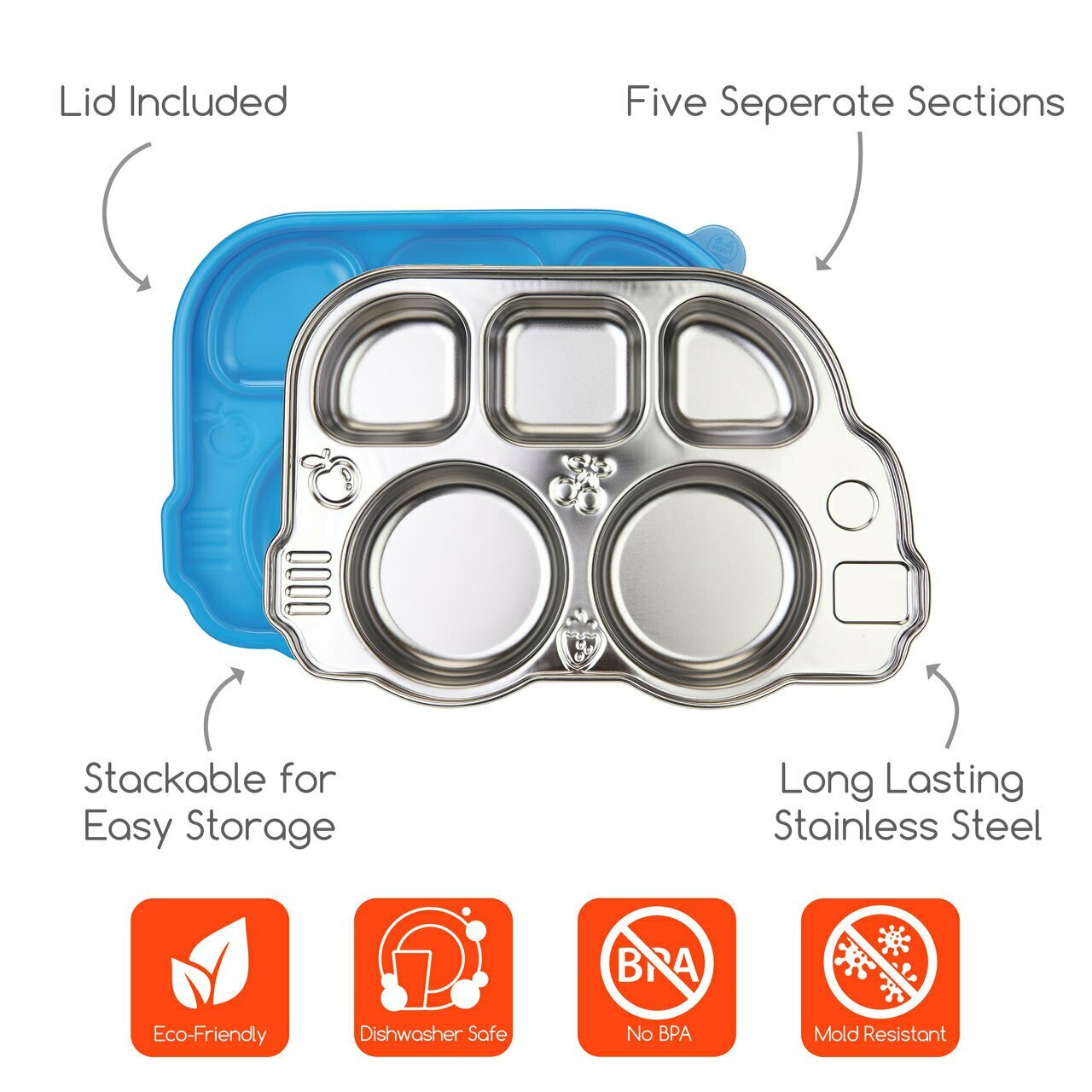 Innobaby Din Din SMART BPA-Free Stainless Steel Divided Plate with Sectional Lid - Perfect for Toddler Meals, Baby Food Storage & Travel Feeding
