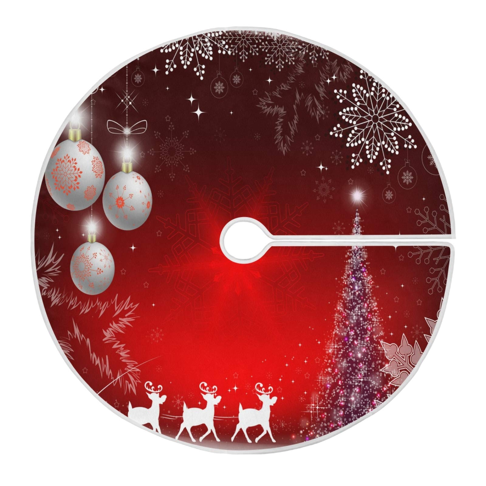Christmas Tree Skirt with Santa Claus & Deer Design - Festive Xmas Tree Balls & Snowflakes Decor - Indoor/Outdoor Holiday Floor Mat for Home, Office, Party - Perfect for Winter Celebrations & Christmas Day Decorations