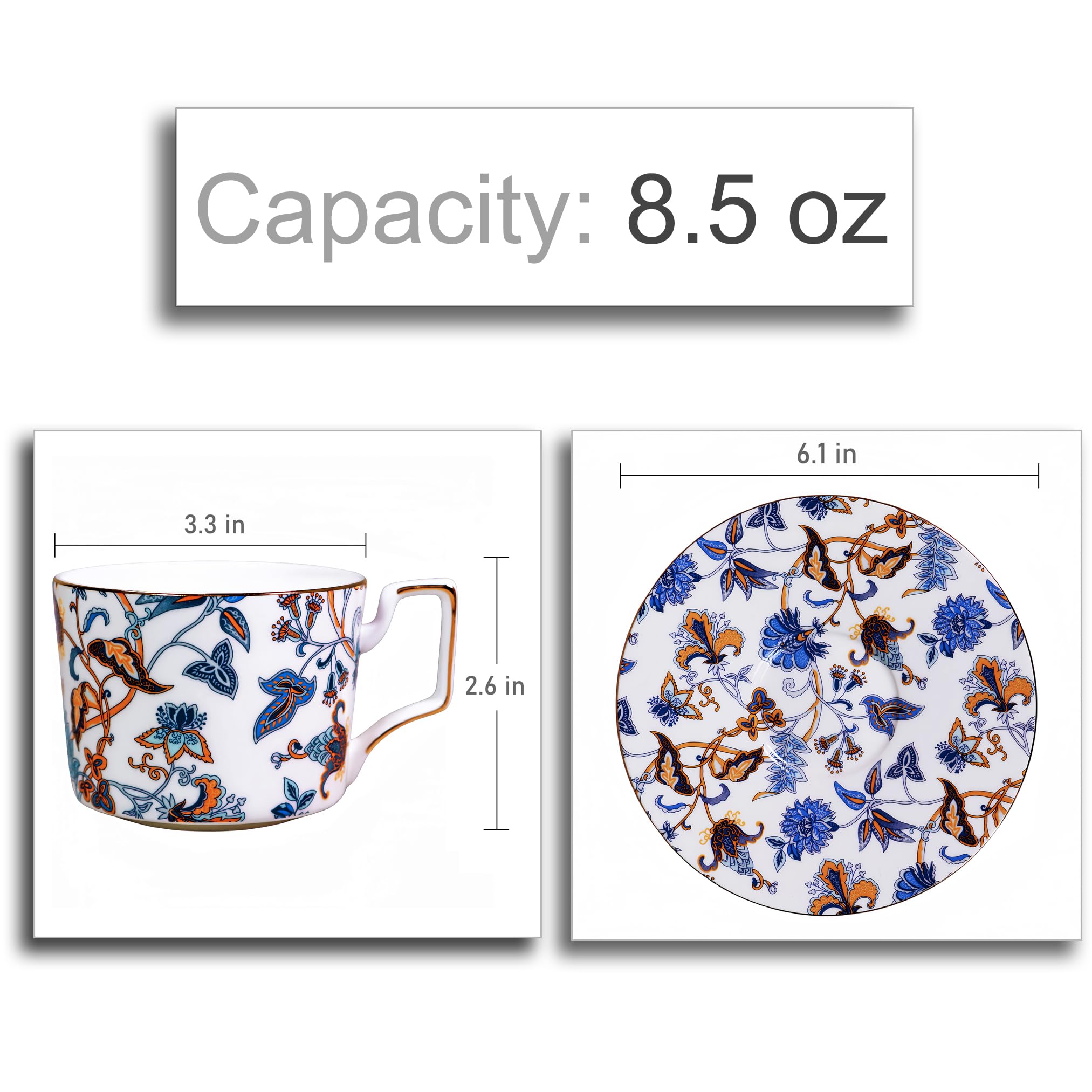 8.5 oz Floral Bone China Tea Cup and Saucer Set - Elegant Coffee & Tea Drinking Set for Women, Perfect Gift for Mom, Friends & Tea Parties (Home, Office, Bridal Shower, Mother's Day)