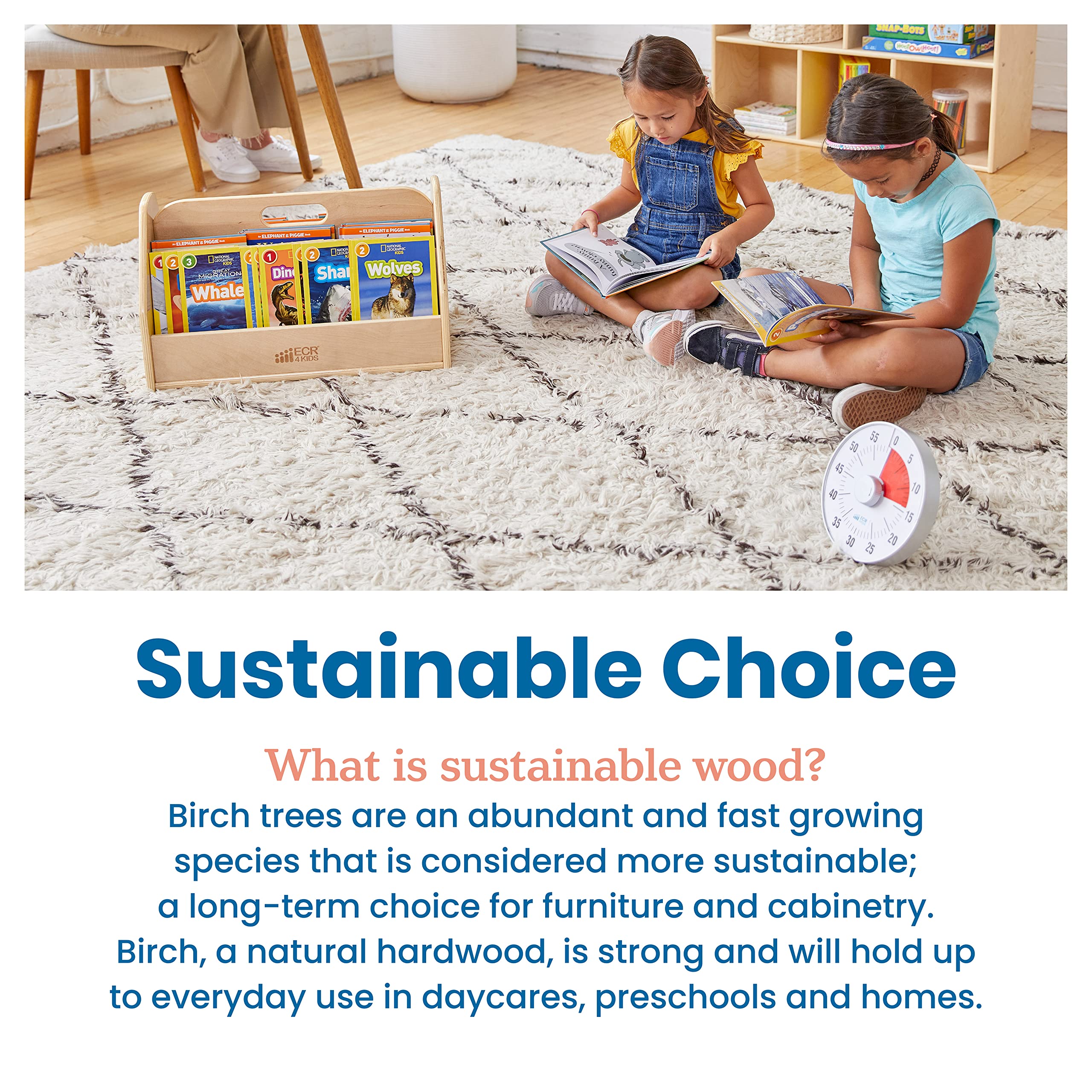 ECR4Kids Double-Sided Book Storage Caddy with Built-in Timer - Portable Classroom & Home Library Organizer - Natural Wooden Bookshelf for Kids Reading Corner & Teacher Supplies
