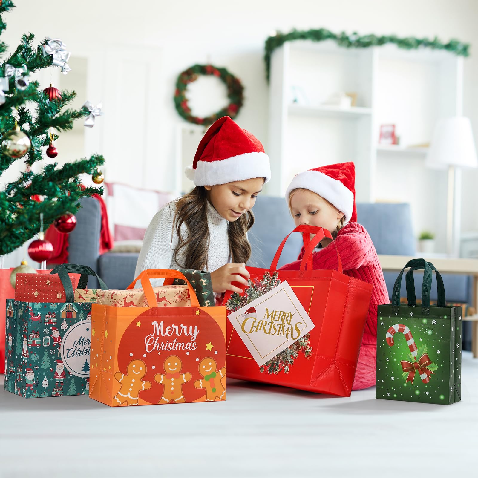20 Pack Reusable Christmas Gift Bags with Handles - Assorted Sizes (4 Large, 8 Medium, 8 Small) - Eco-Friendly Non-Woven Fabric for Holiday Party Favors, Stocking Stuffers & Gift Wrapping