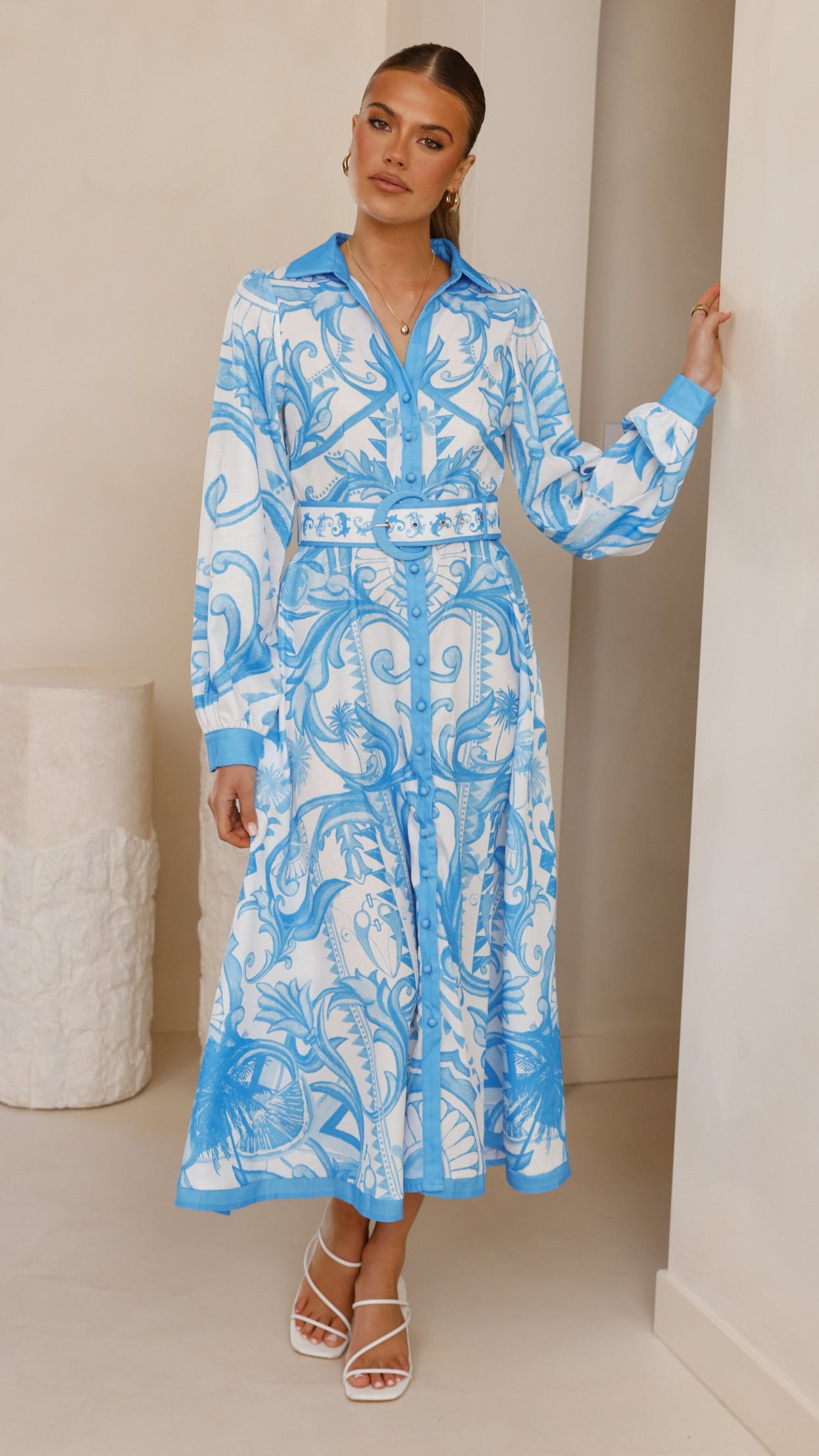 Madeline Long Sleeve Midi Dress - Portofino Azure Blue Flowy Women's Dress for Casual Wear, Office & Date Night