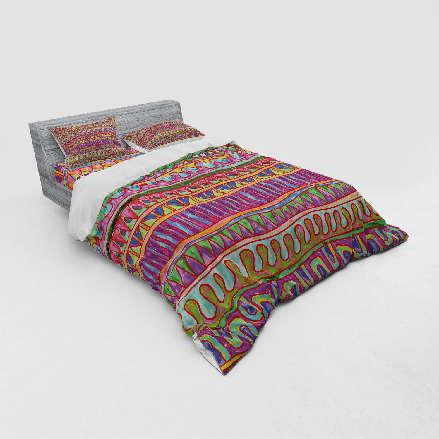 Ambesonne Vibrant Geometric Duvet Cover Set - 4 Piece Queen Size Bedding with Abstract Art Design, Includes Shams & Fitted Sheet - Perfect for Modern Bedrooms & Guest Rooms