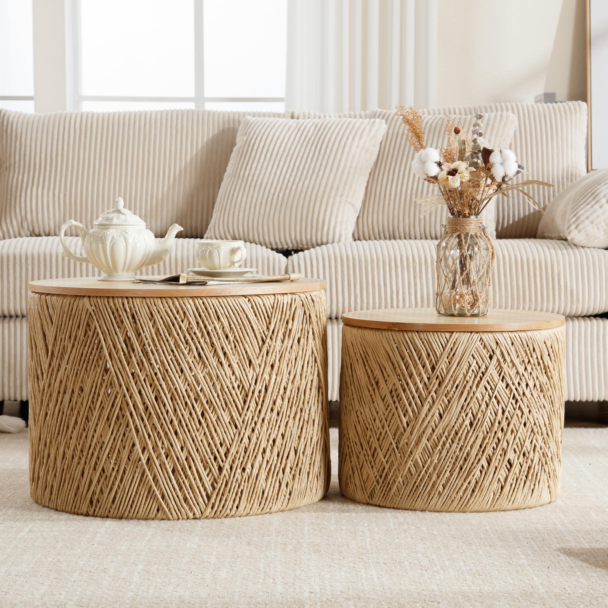 Rustic Round Coffee Table with Storage - Handwoven Rattan Lift Top Boho Side Table for Living Room, Bedroom & Patio - Natural Wood Nesting Table for Home Decor