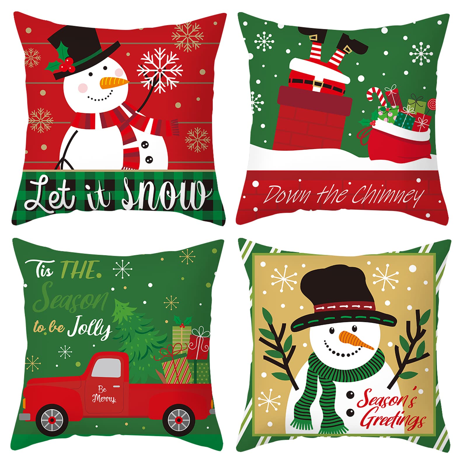 Snowman Throw Pillow Covers 20x20 Inch Set of 4 - Christmas Holiday Decor with Red Truck Design for Sofa, Couch, Bed & Car - Cozy Winter Home Decor & Festive Seasonal Accents