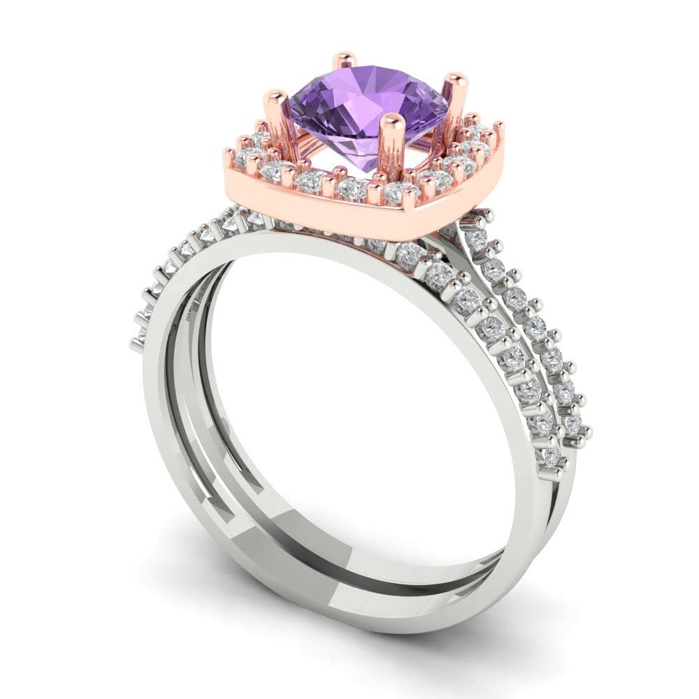 2ct Round Cut Halo Solitaire Created Alexandrite Bridal Ring Set in 18K White & Rose Gold for Engagement, Anniversary & Wedding - Elegant Jewelry Gift for Her