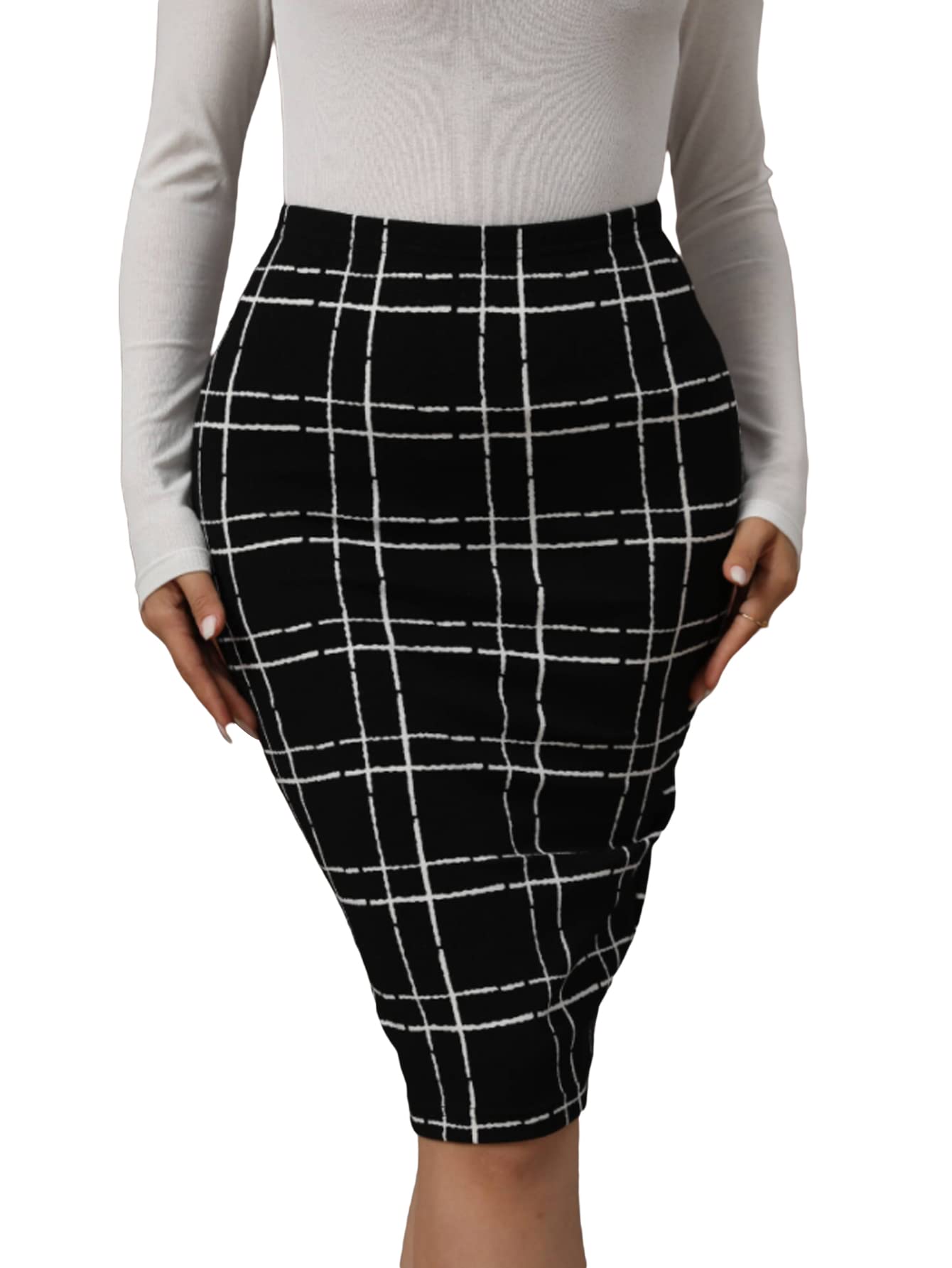 Romwe Women's Plaid Pencil Skirt - Stretchy Elastic Waist Bodycon Mini Skirt for Work & Office | Knee-Length A-Line Skirt for Business, Cocktail Parties & Date Nights