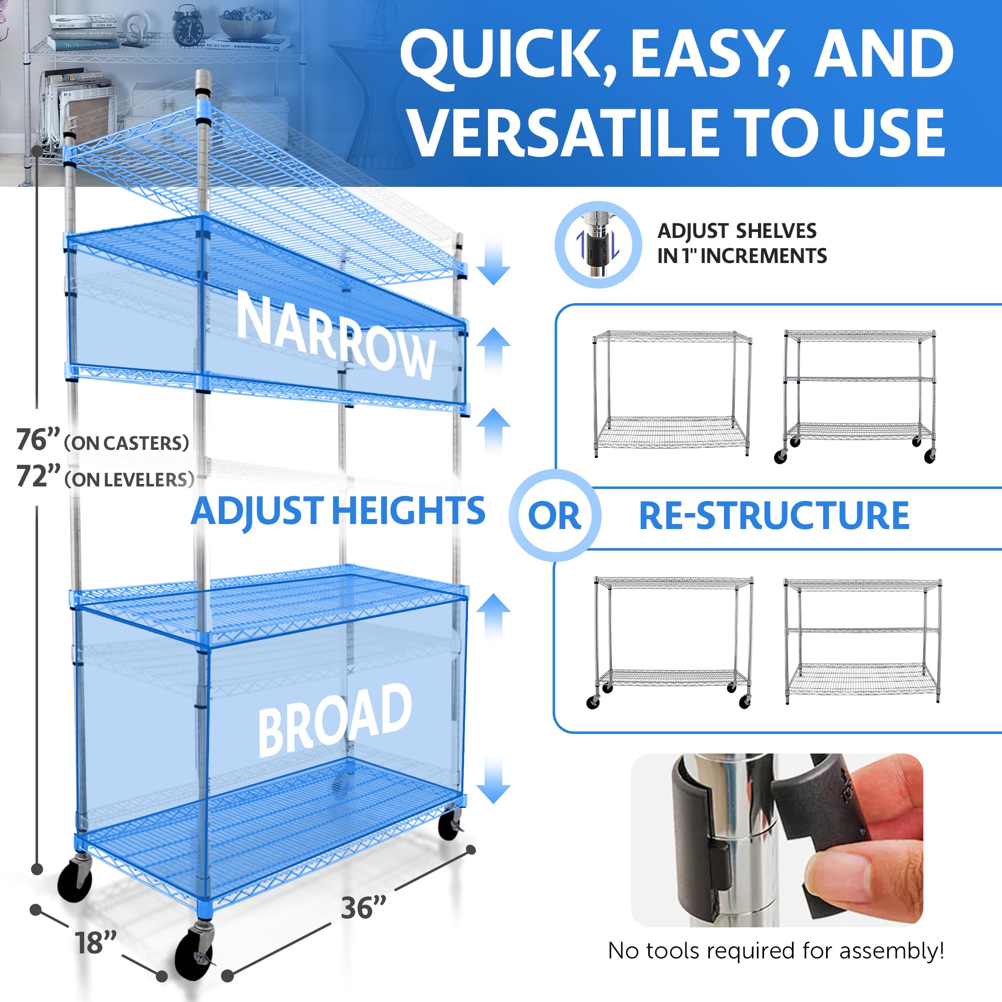 Heavy Duty 5-Tier Metal Shelving Unit with Wheels - 36