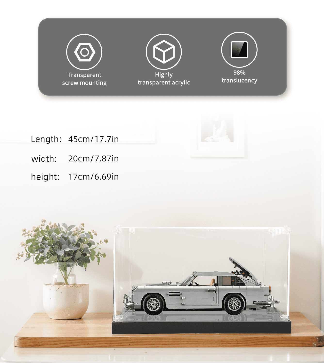 LEGO James Bond Aston Martin DB5 10262 Display Case - Premium Acrylic Showcase for Collectible Model Car - Perfect for Home Office Decor & Toy Protection